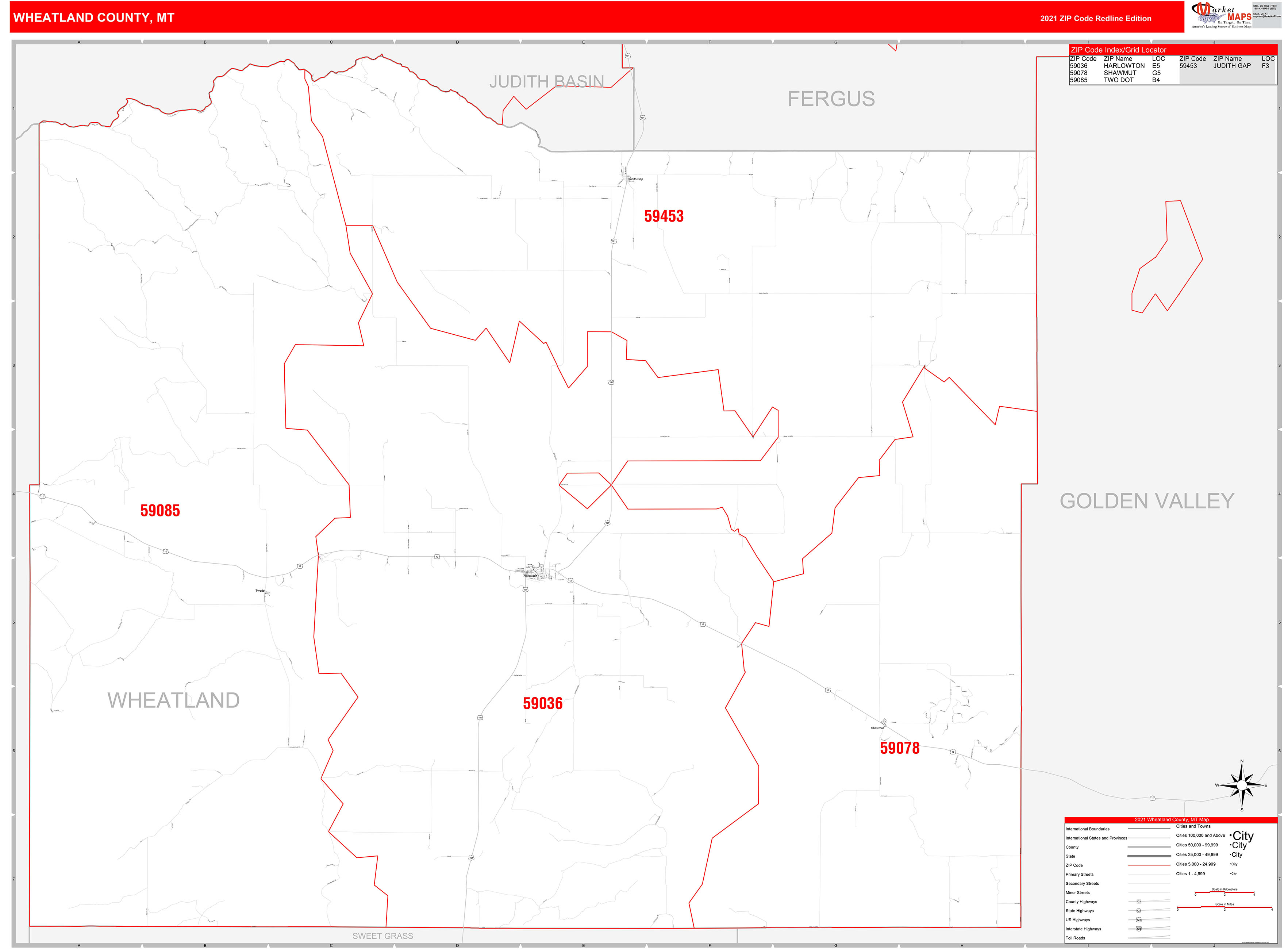 Wheatland County, MT Zip Code Wall Map Red Line Style by MarketMAPS