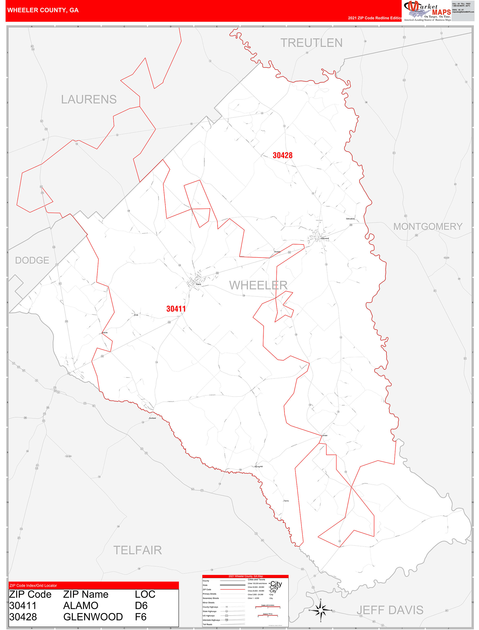 Wheeler County, GA Zip Code Wall Map Red Line Style by MarketMAPS