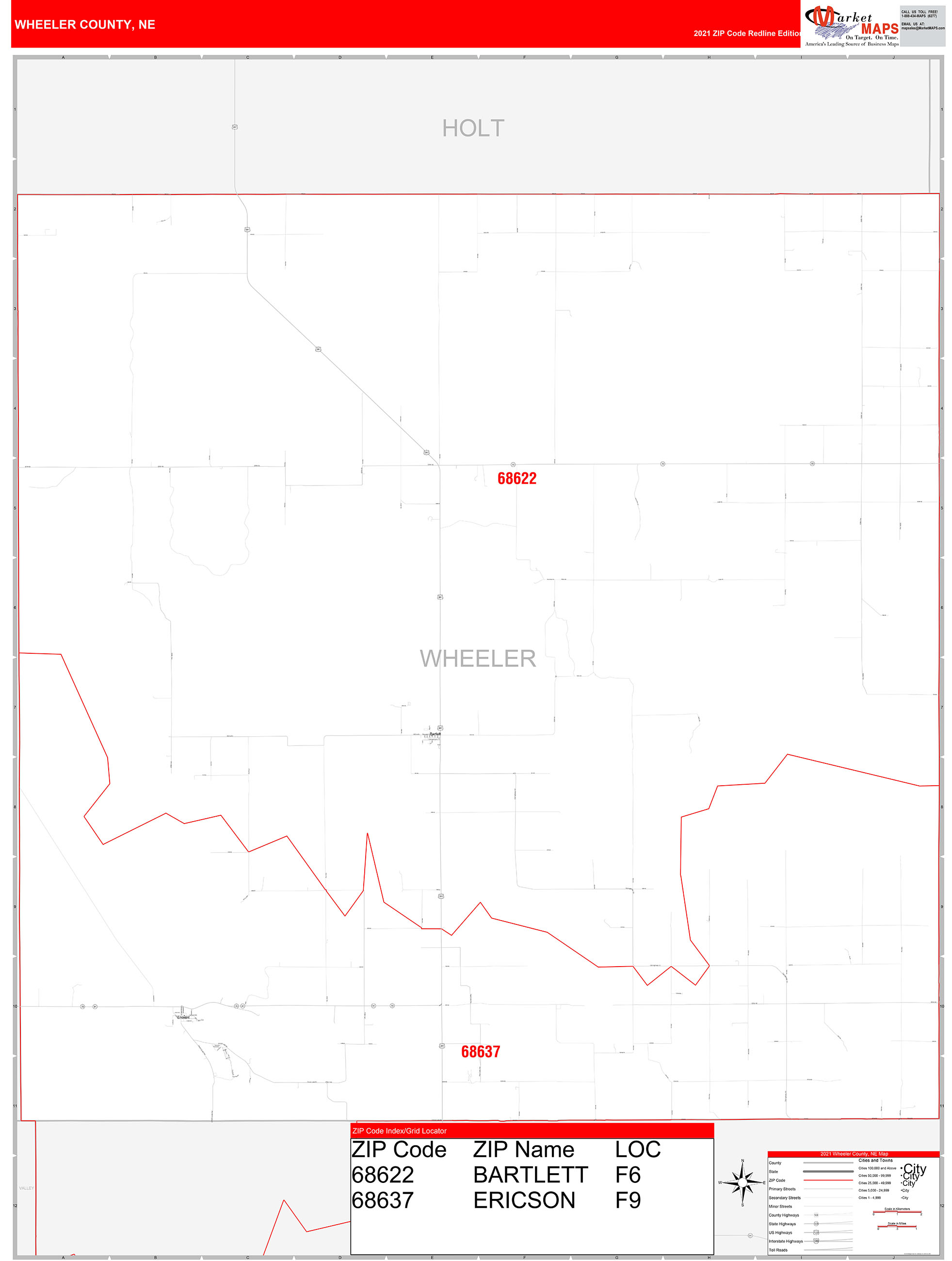 Wheeler County, NE Zip Code Wall Map Red Line Style by MarketMAPS