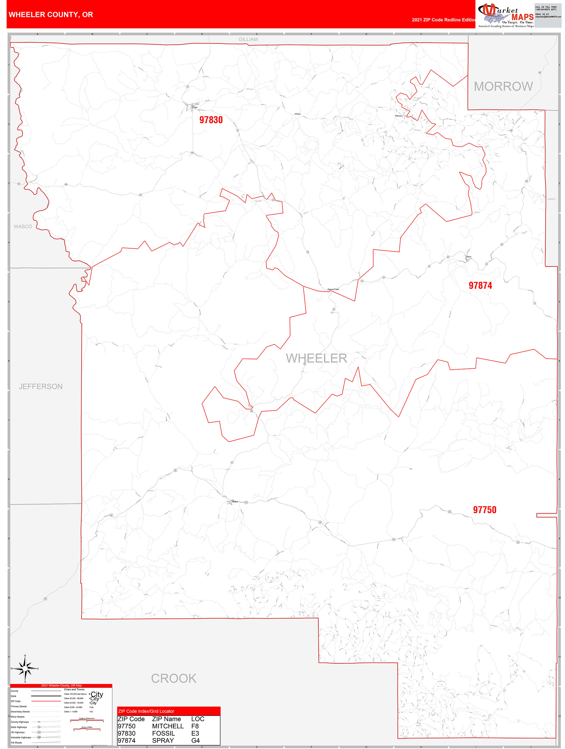 Wheeler County, OR Zip Code Wall Map Red Line Style by MarketMAPS