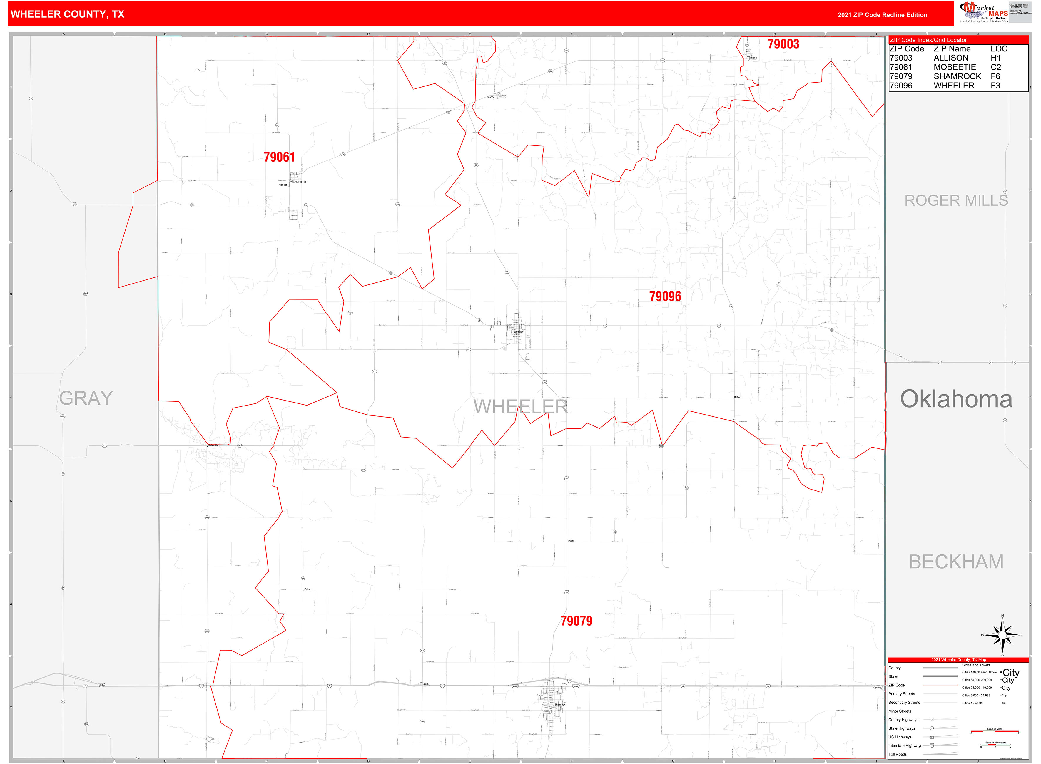 Wheeler County, TX Zip Code Wall Map Red Line Style by MarketMAPS