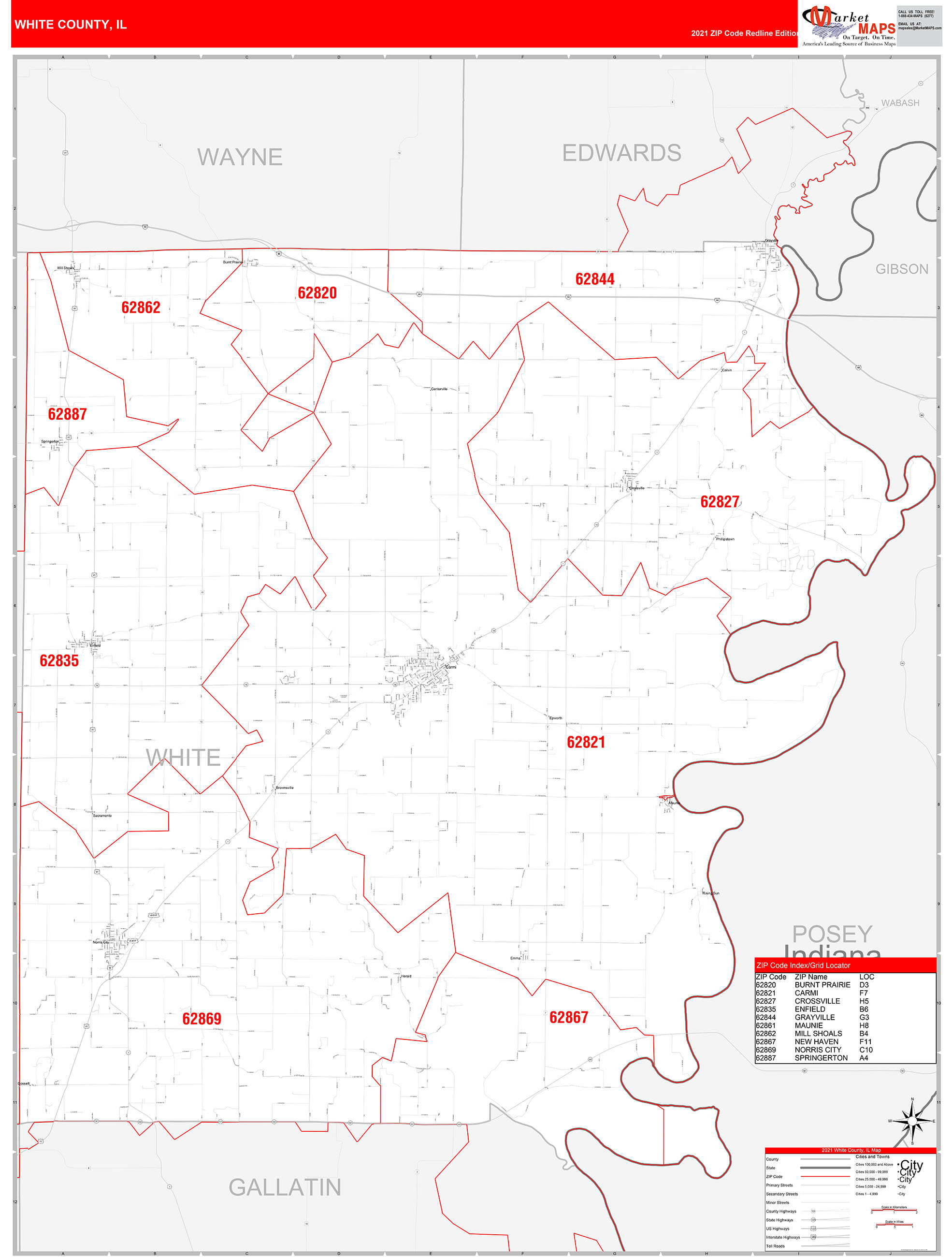 White County, IL Zip Code Wall Map Red Line Style by MarketMAPS MapSales
