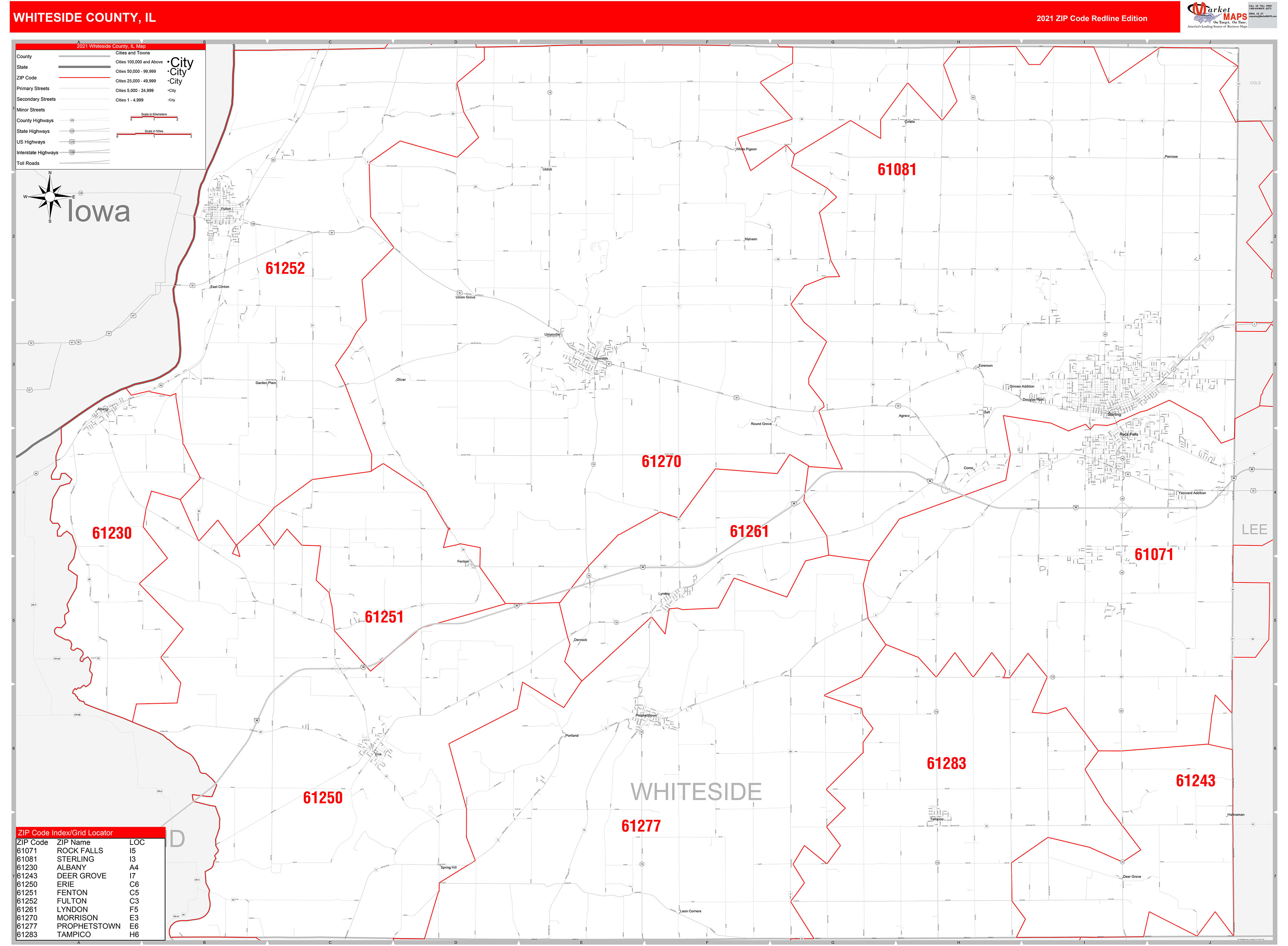 Whiteside County, IL Zip Code Wall Map Red Line Style by MarketMAPS