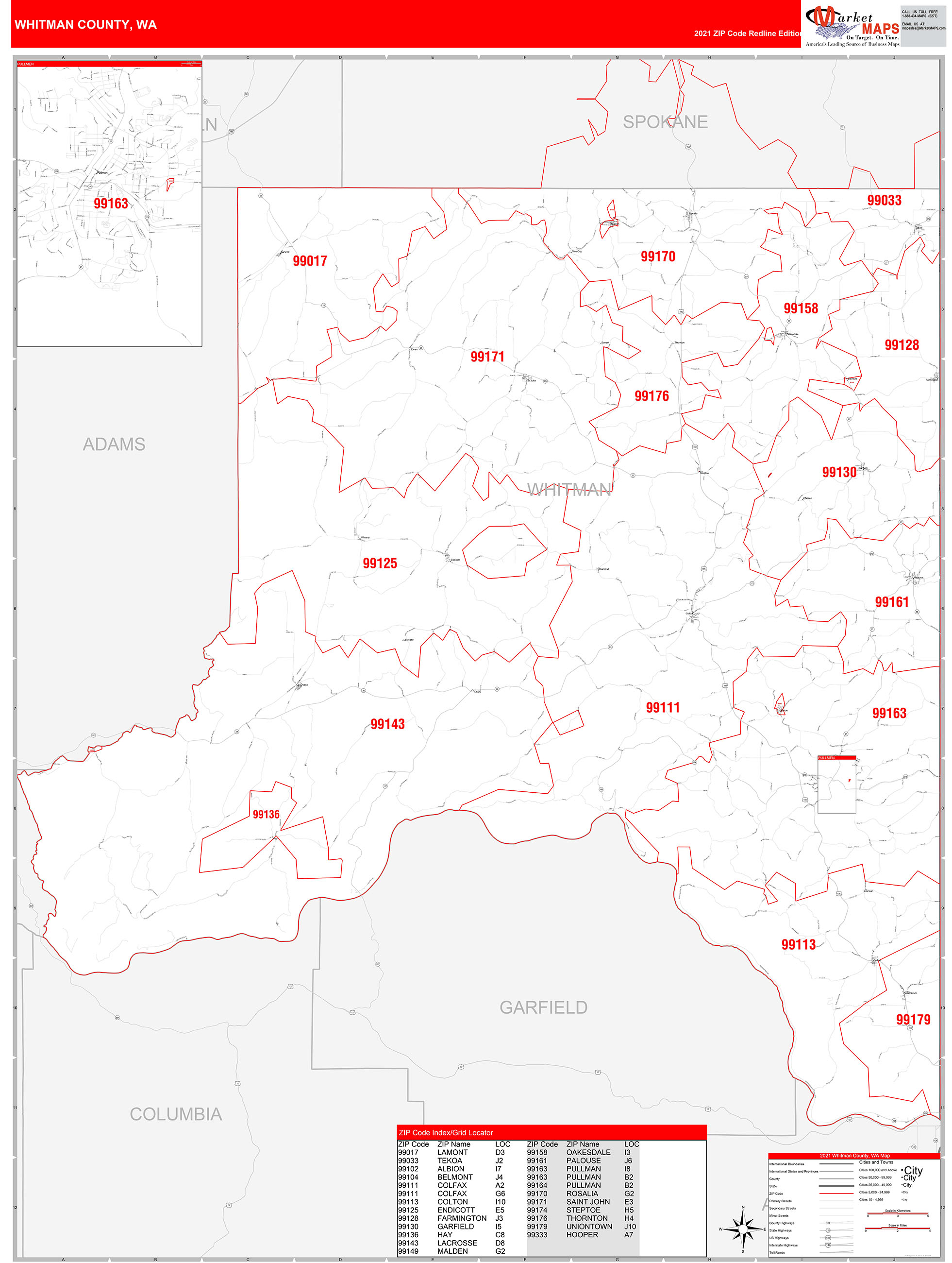 Whitman County, WA Zip Code Wall Map Red Line Style by MarketMAPS