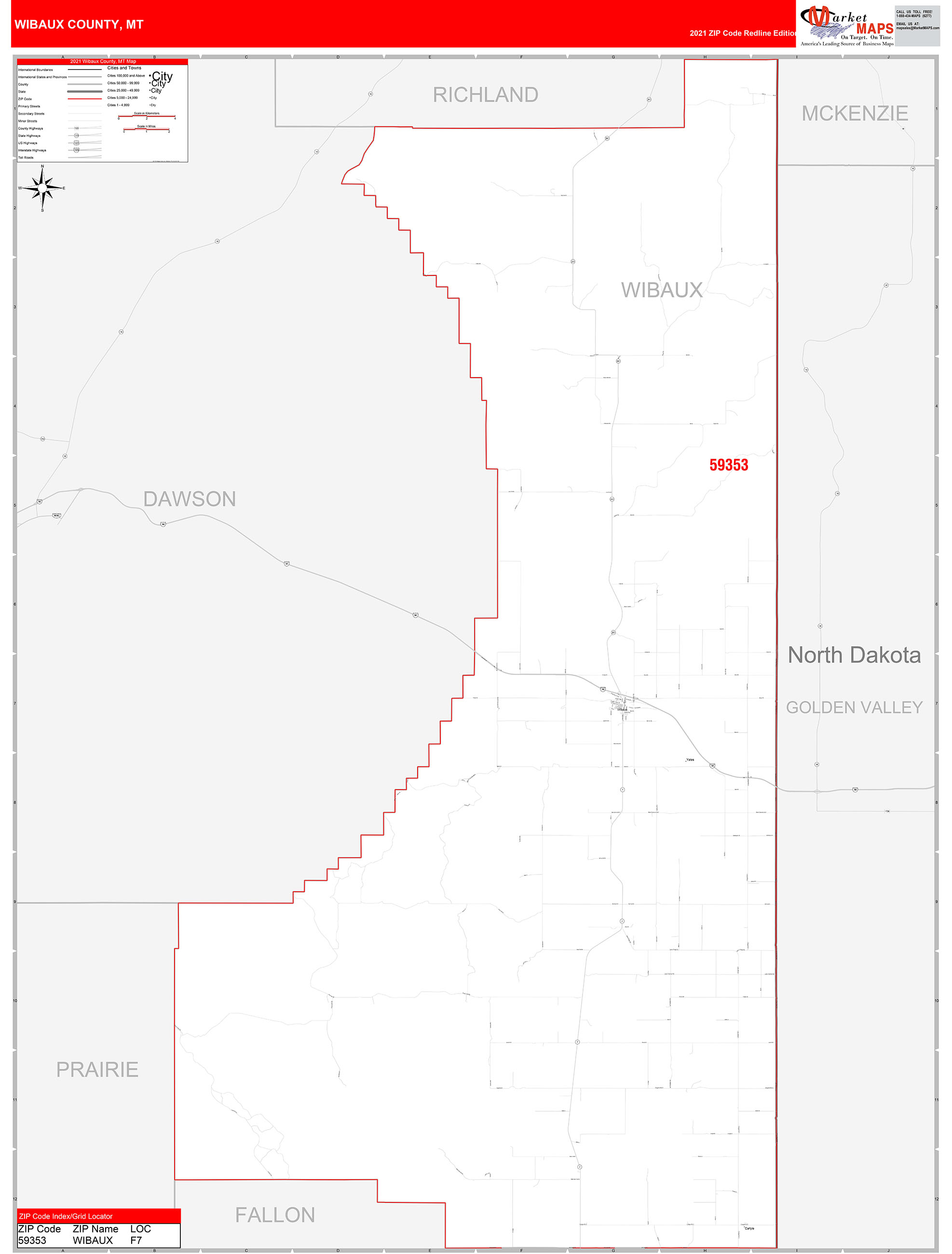 Wibaux County, MT Zip Code Wall Map Red Line Style by MarketMAPS MapSales