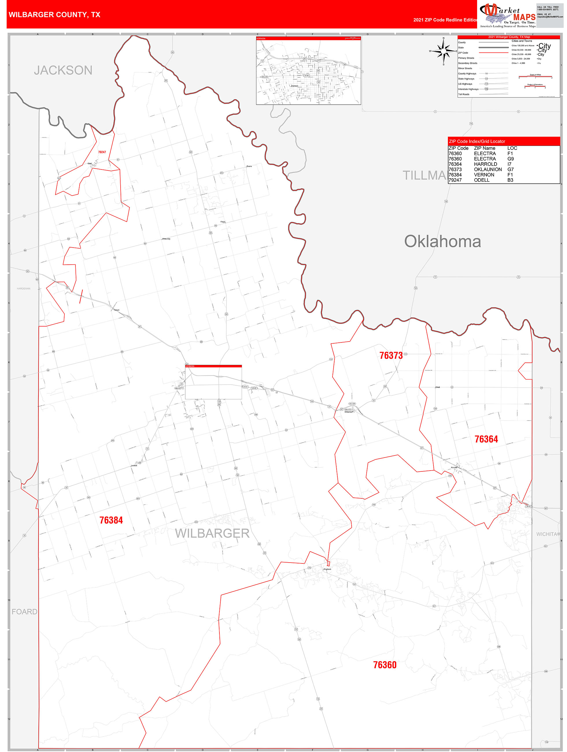 Wilbarger County, TX Zip Code Wall Map Red Line Style by MarketMAPS