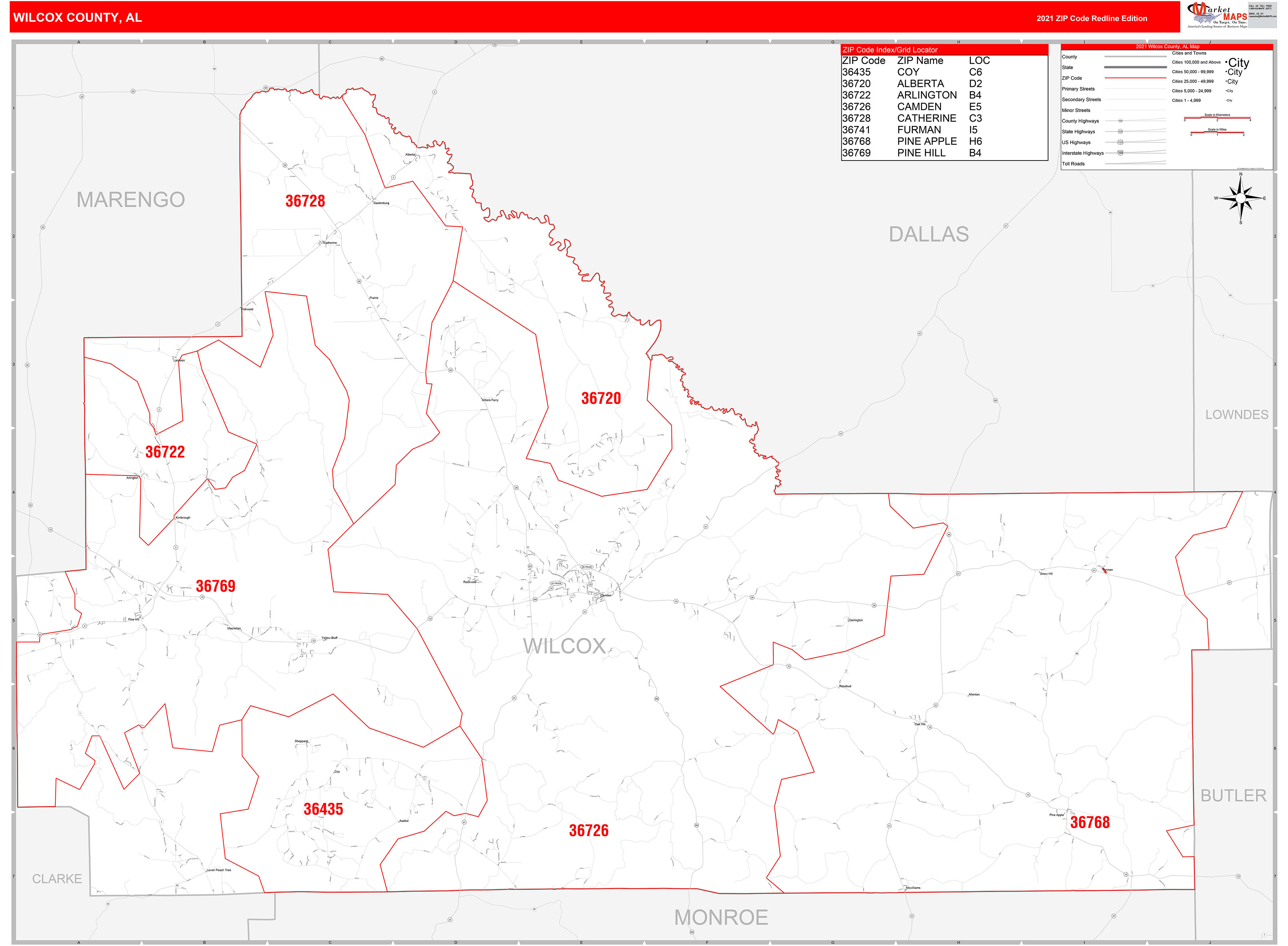 Wilcox County, AL Zip Code Wall Map Red Line Style by MarketMAPS