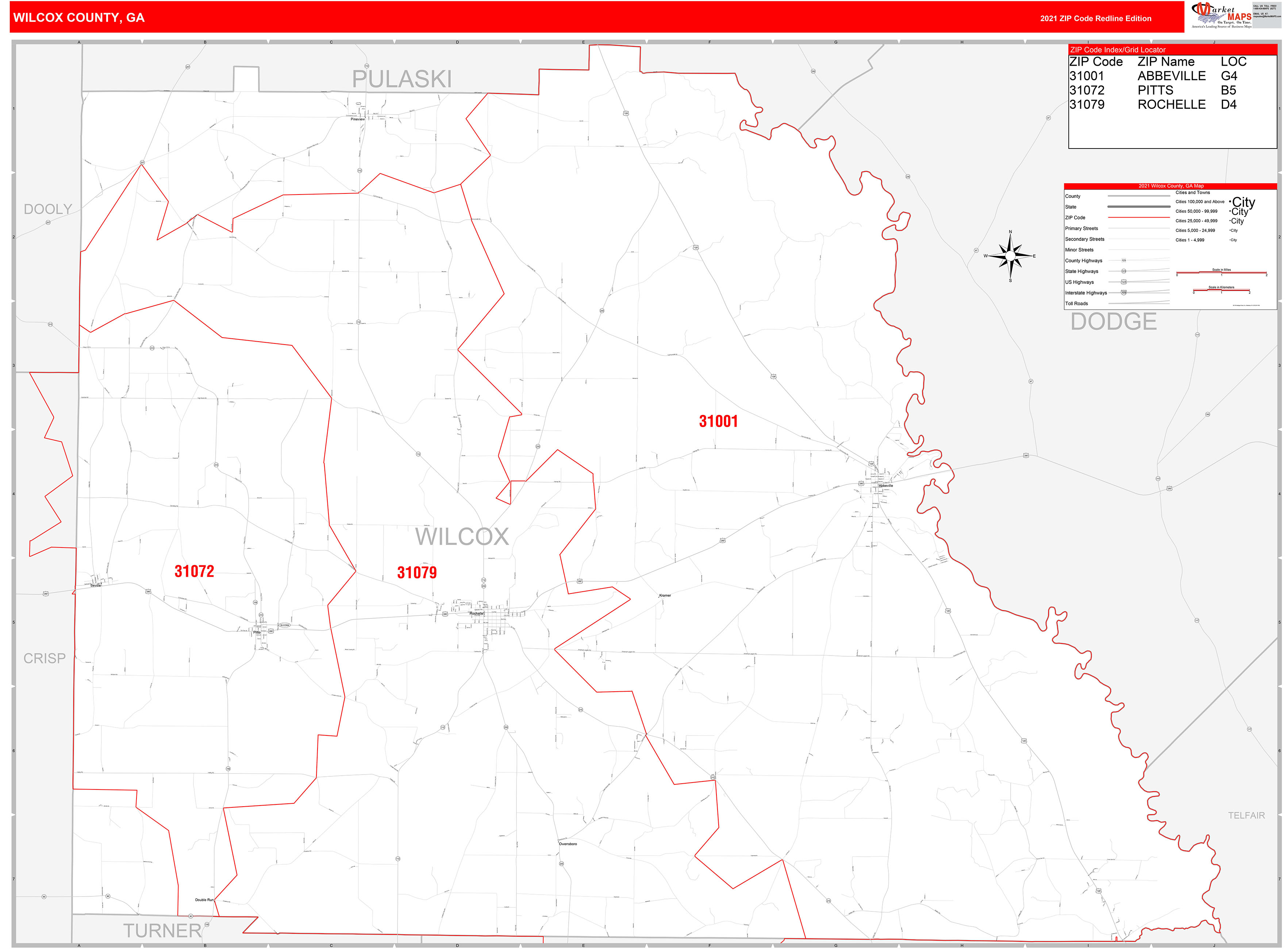 Wilcox County, GA Zip Code Wall Map Red Line Style by MarketMAPS
