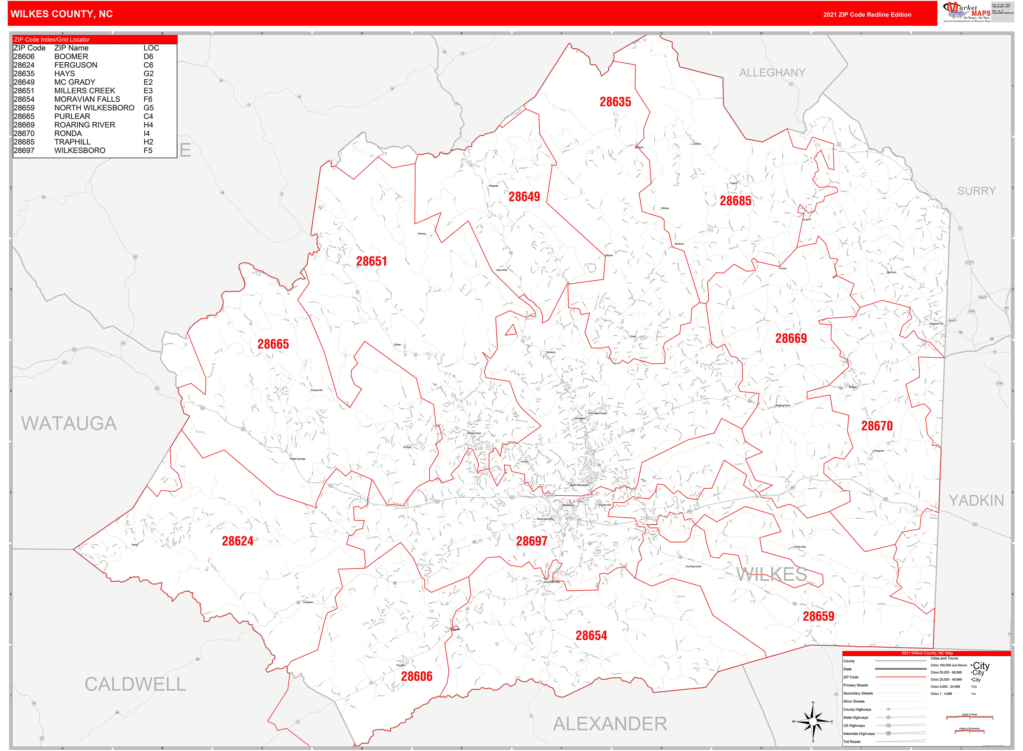 Wilkes County, NC Zip Code Wall Map Red Line Style by MarketMAPS MapSales