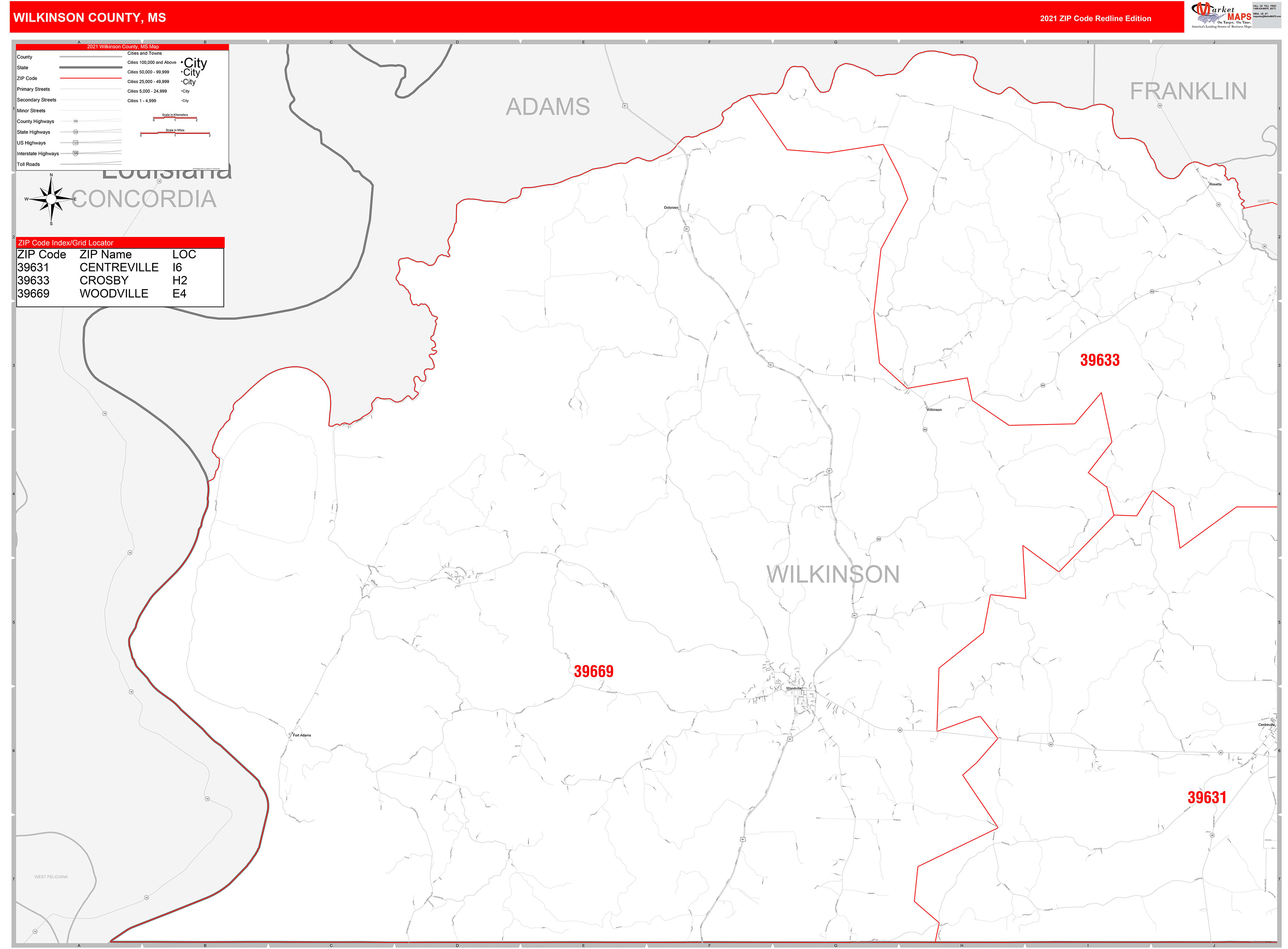 Wilkinson County, MS Zip Code Wall Map Red Line Style by MarketMAPS