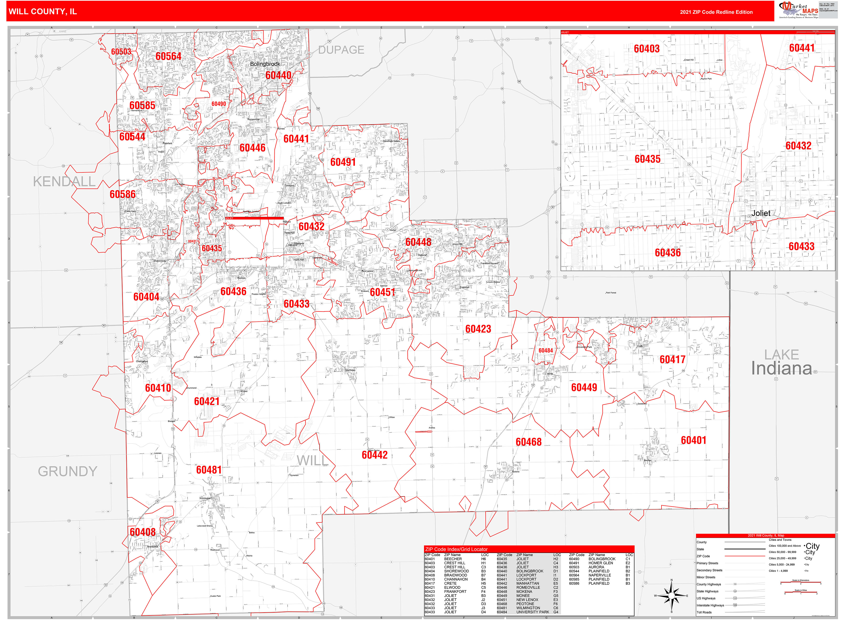 Will County, IL Zip Code Wall Map Red Line Style by MarketMAPS MapSales
