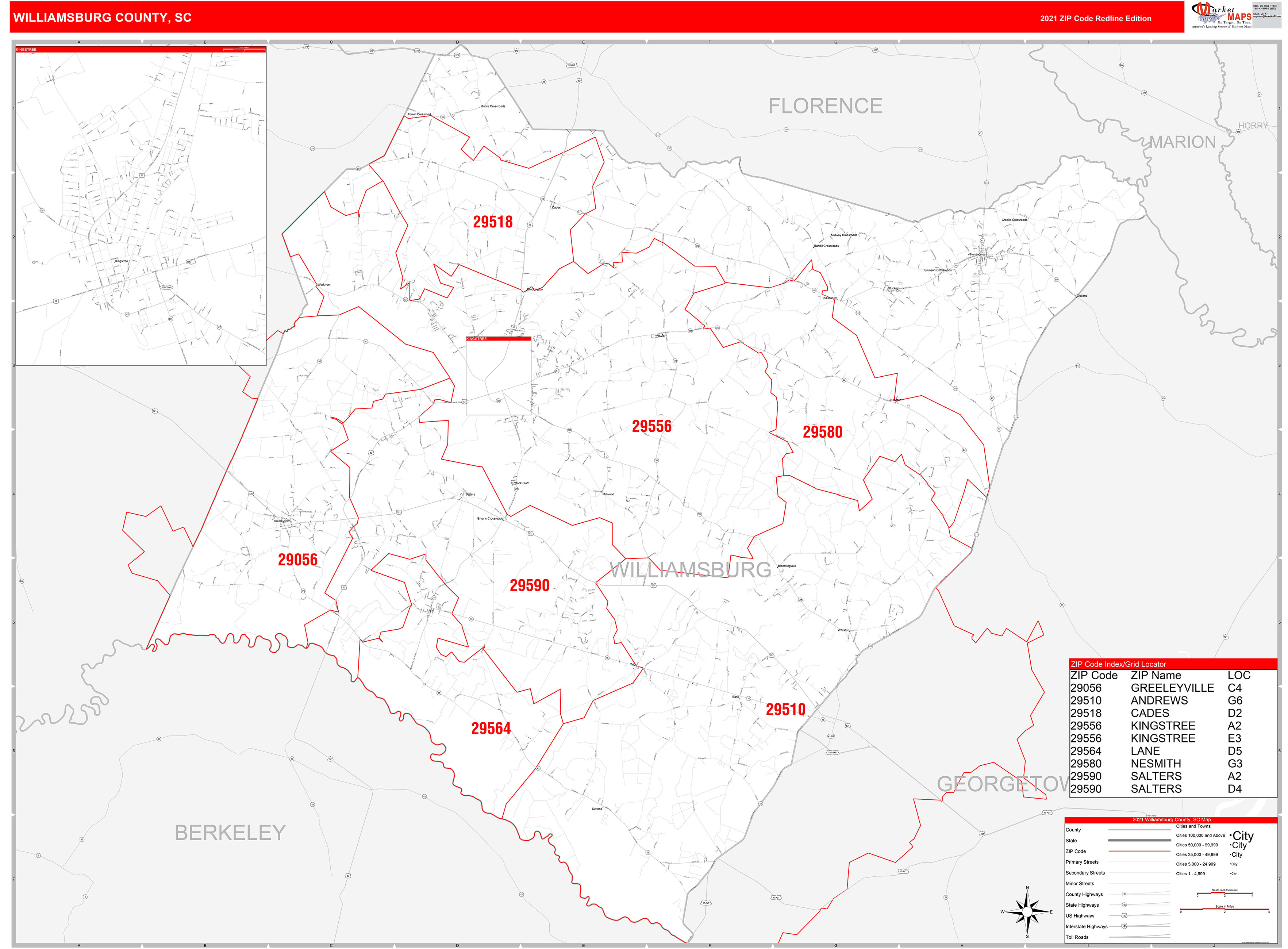 Williamsburg County, SC Zip Code Wall Map Red Line Style by MarketMAPS