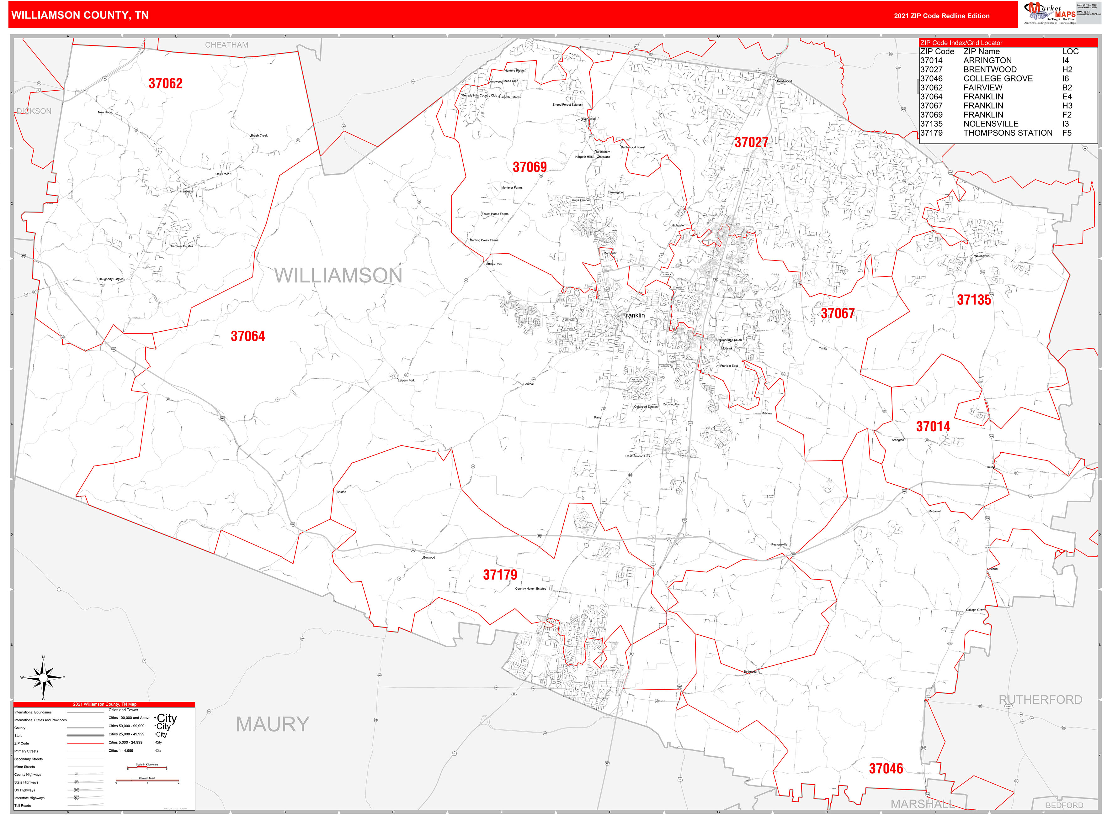 Williamson County, TN Zip Code Wall Map Red Line Style by MarketMAPS