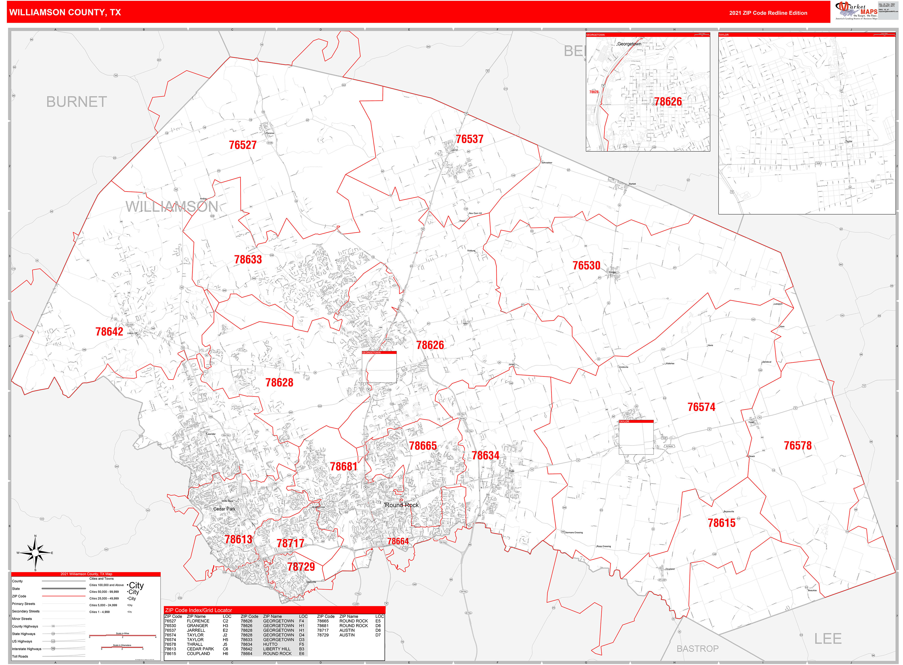 Williamson County, TX Zip Code Wall Map Red Line Style by MarketMAPS