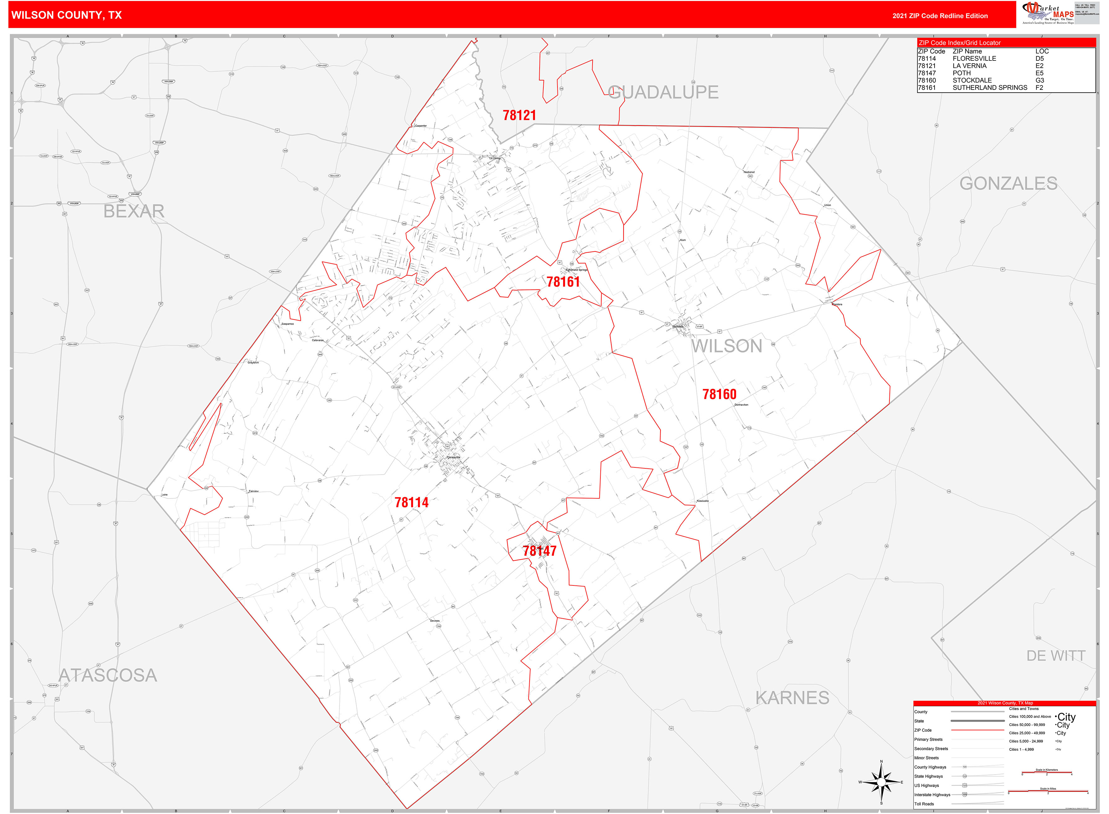 Wilson County, TX Zip Code Wall Map Red Line Style by MarketMAPS MapSales
