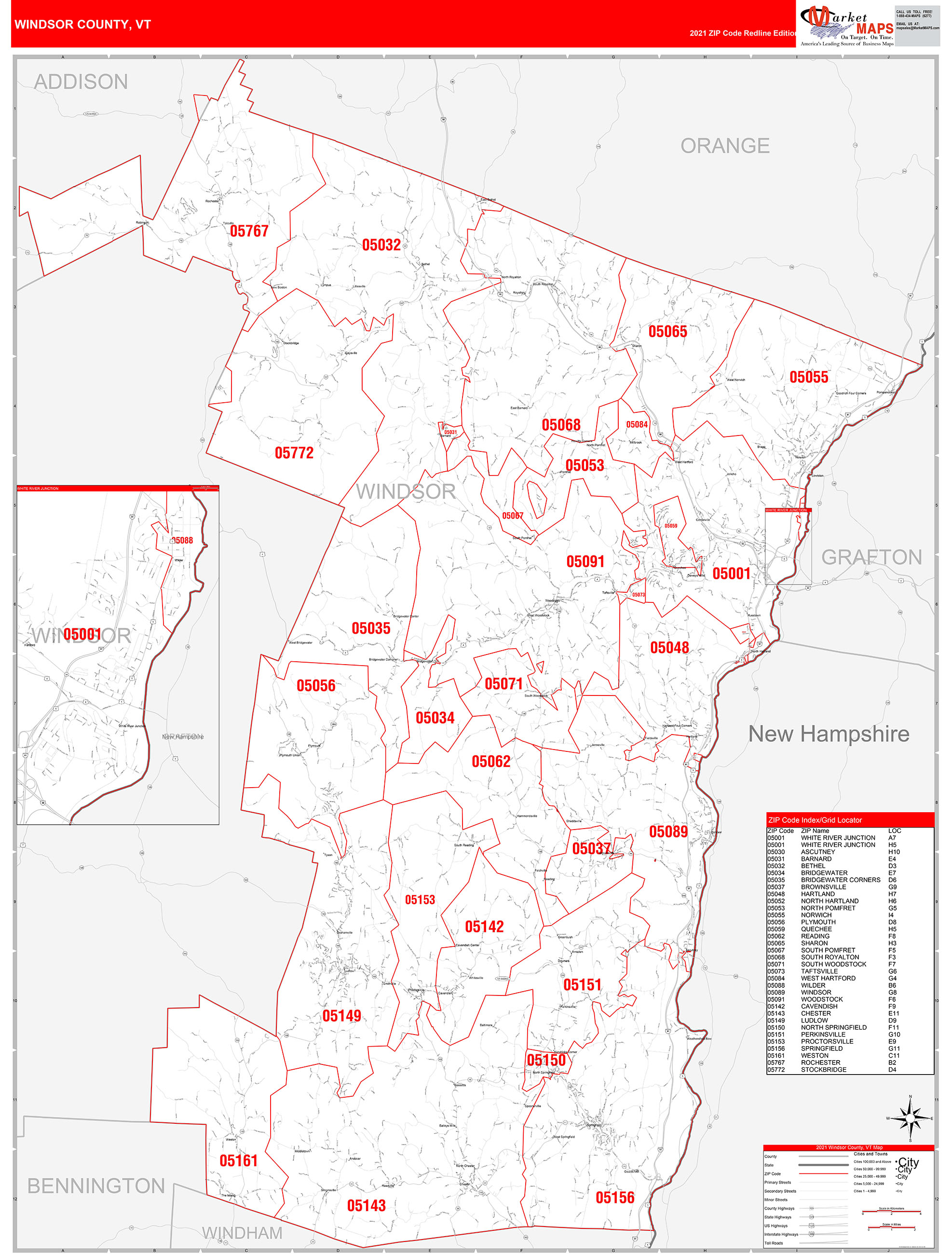 Windsor County, VT Zip Code Wall Map Red Line Style by MarketMAPS