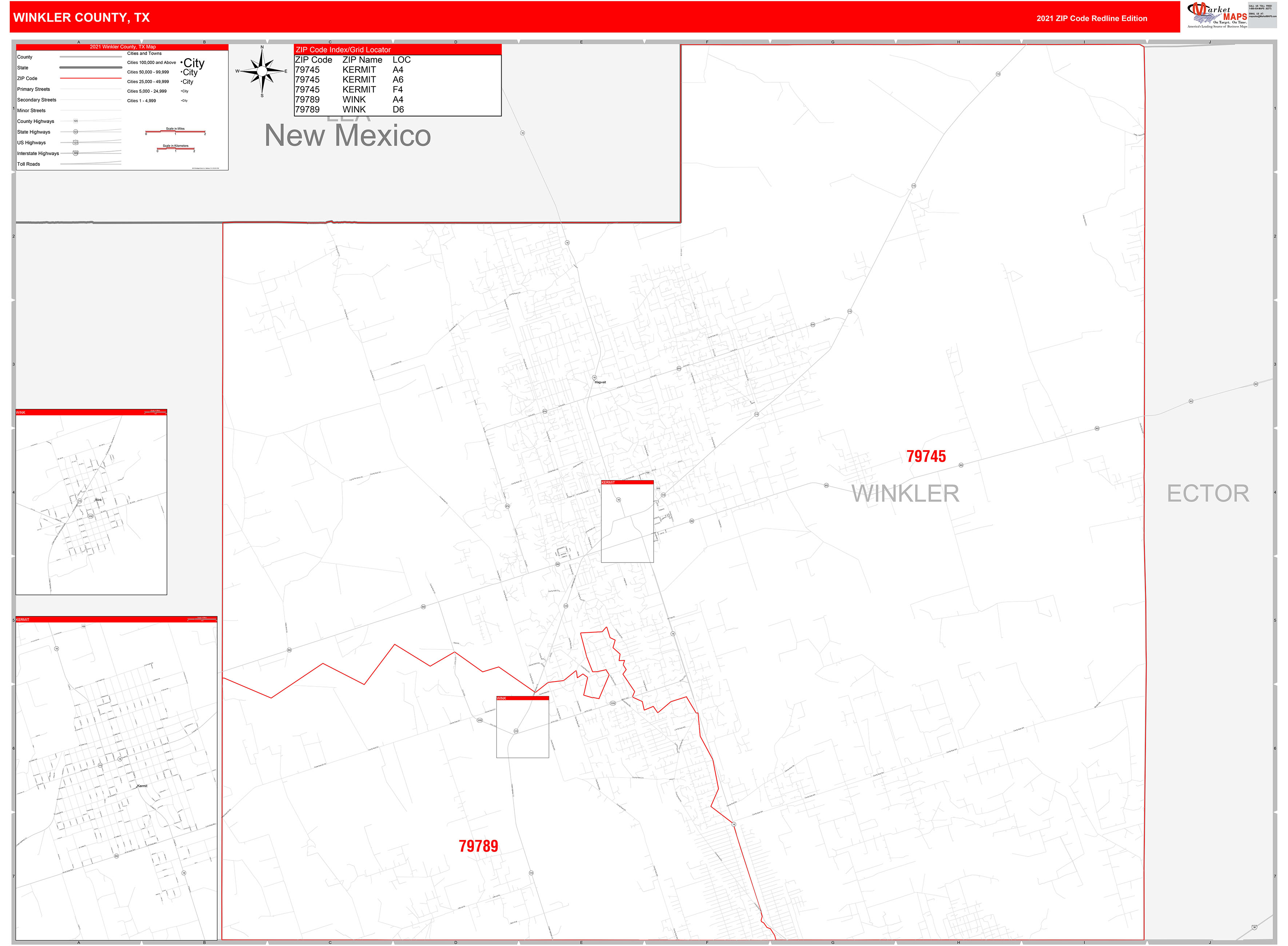 Winkler County, TX Zip Code Wall Map Red Line Style by MarketMAPS