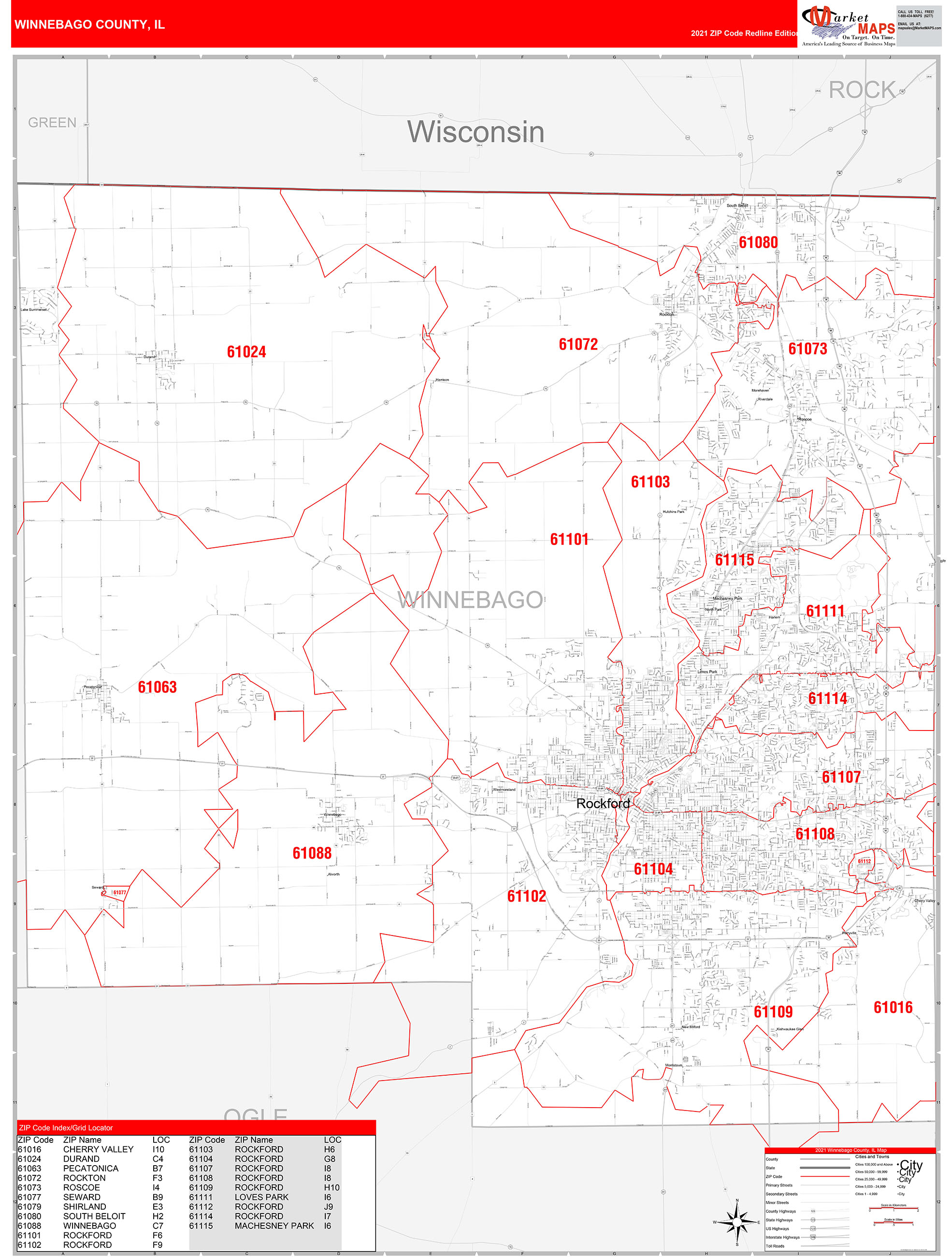 Winnebago County, IL Zip Code Wall Map Red Line Style by MarketMAPS