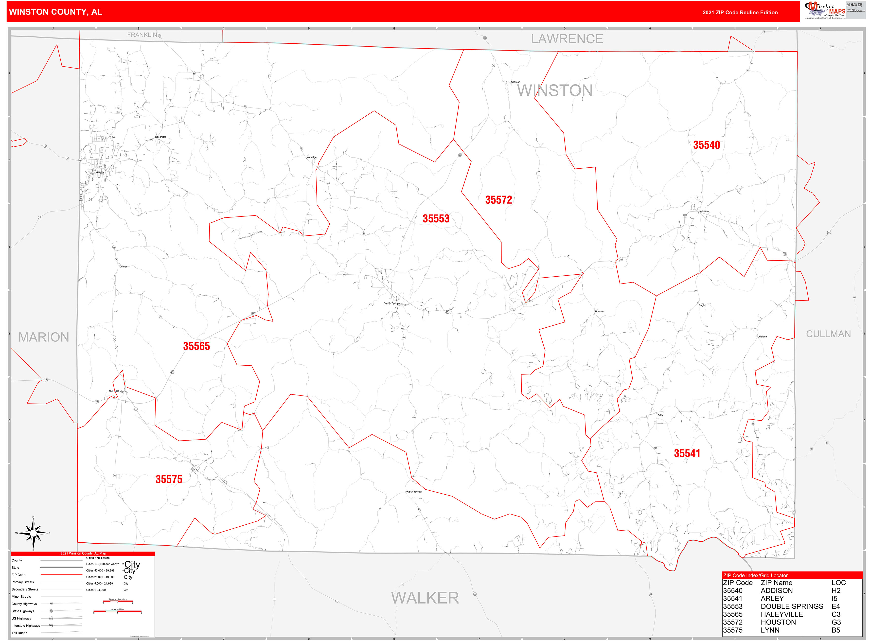Winston County, AL Zip Code Wall Map Red Line Style by MarketMAPS