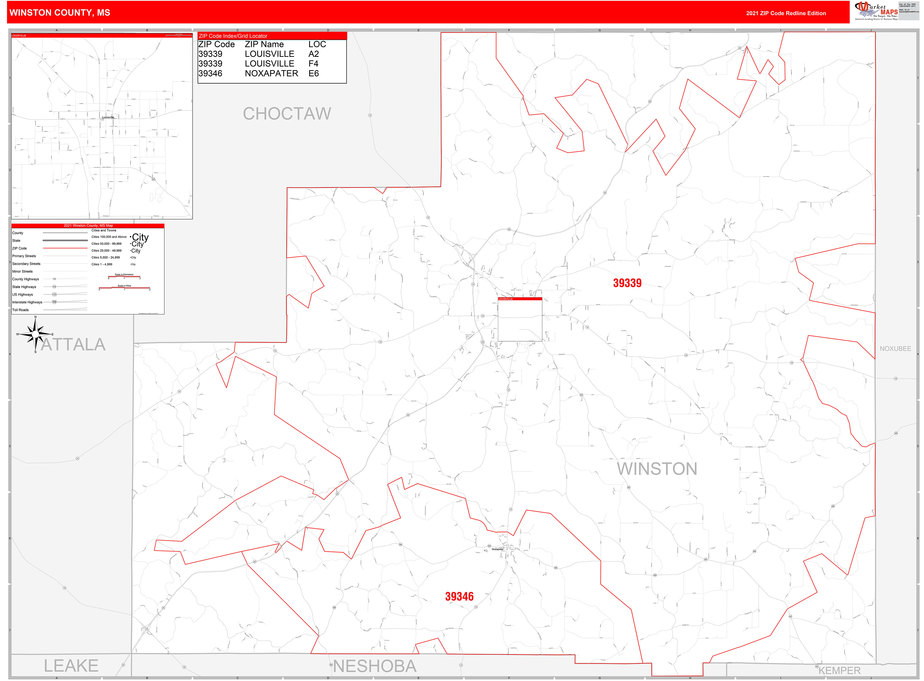 Winston County, MS Zip Code Wall Map Red Line Style by MarketMAPS