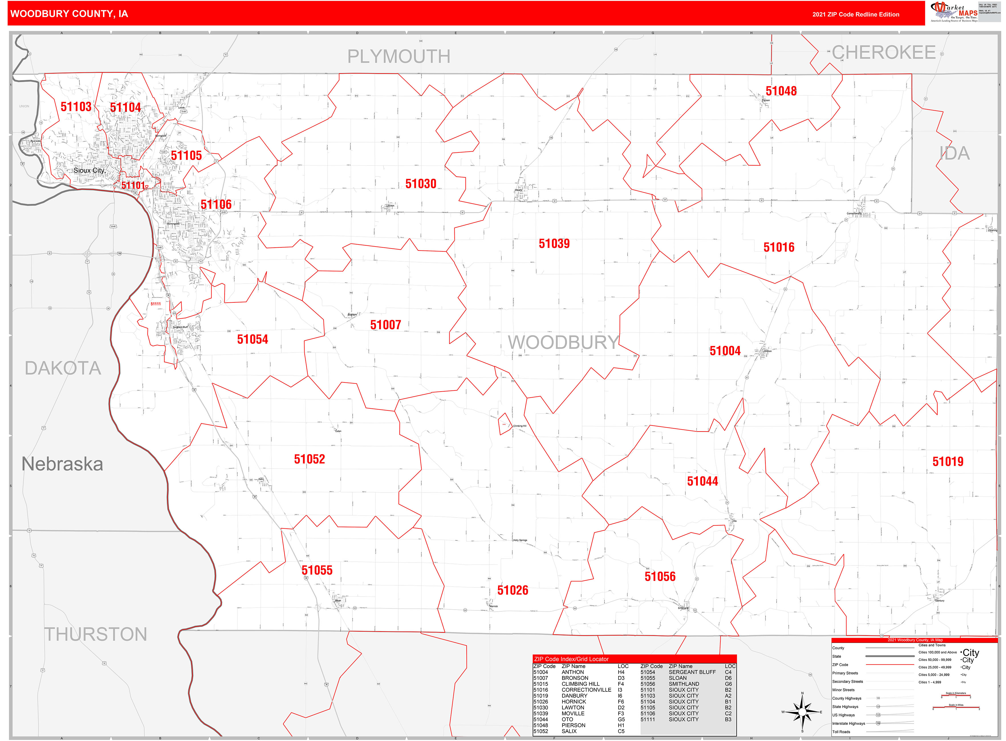 Woodbury County, IA Zip Code Wall Map Red Line Style by MarketMAPS