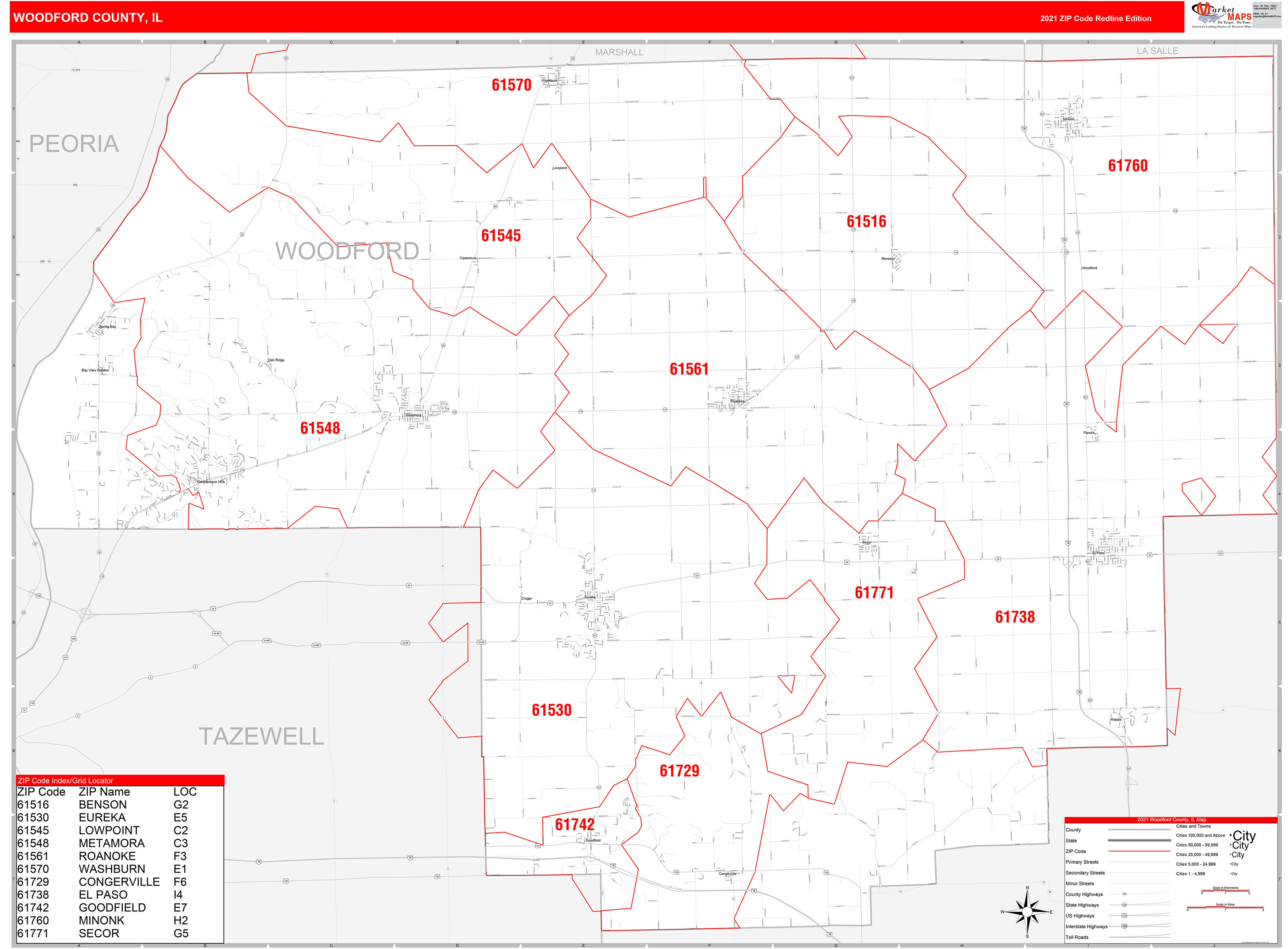 Woodford County, IL Zip Code Wall Map Red Line Style by MarketMAPS