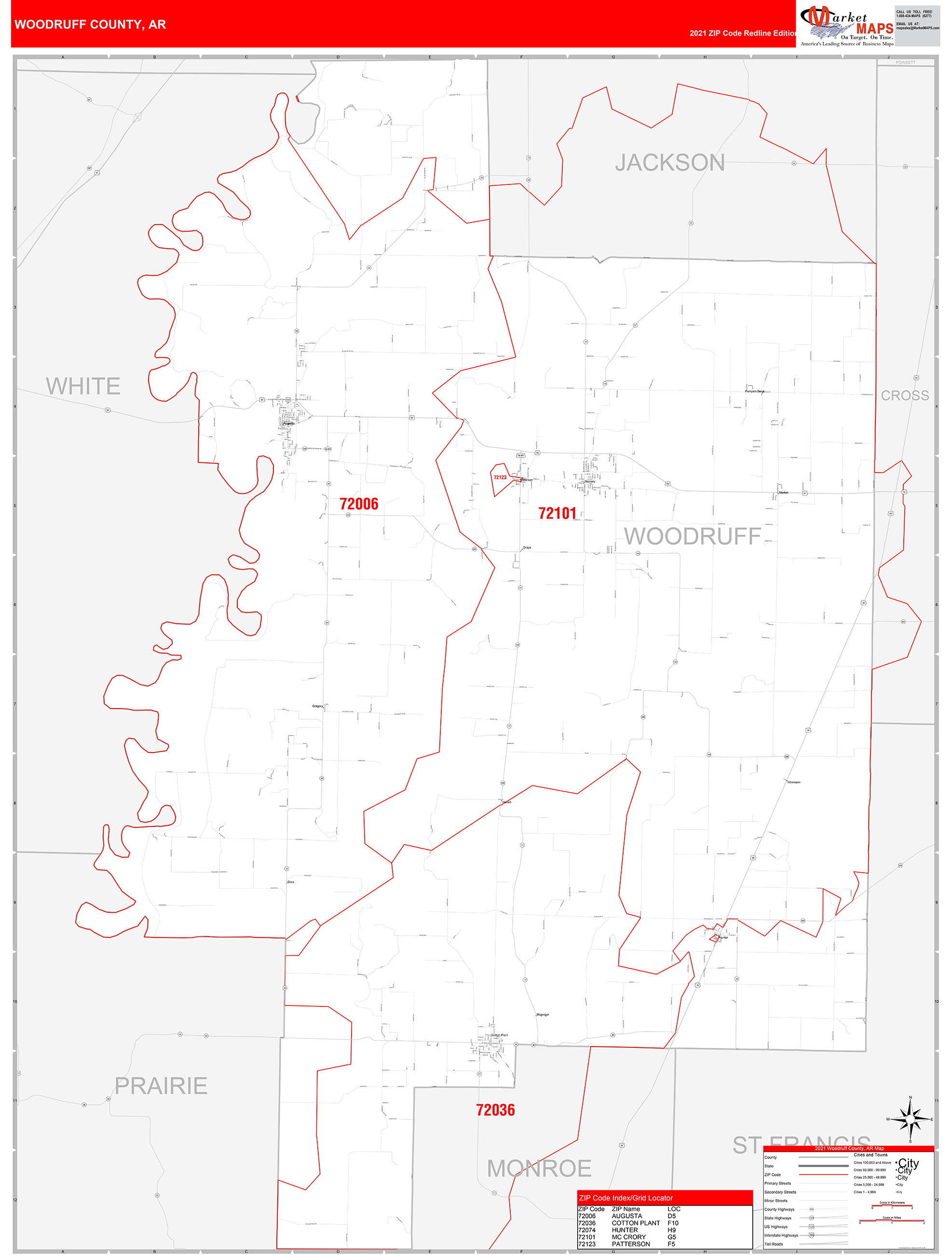 Woodruff County, AR Zip Code Wall Map Red Line Style by MarketMAPS
