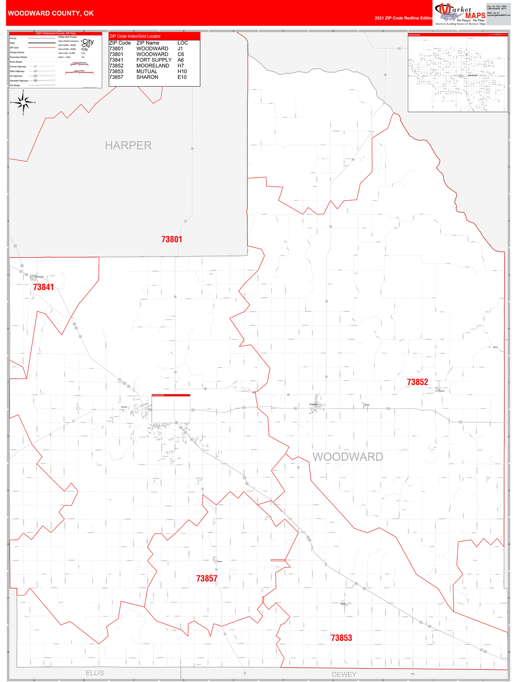 Woodward County, OK Zip Code Wall Map Red Line Style by MarketMAPS