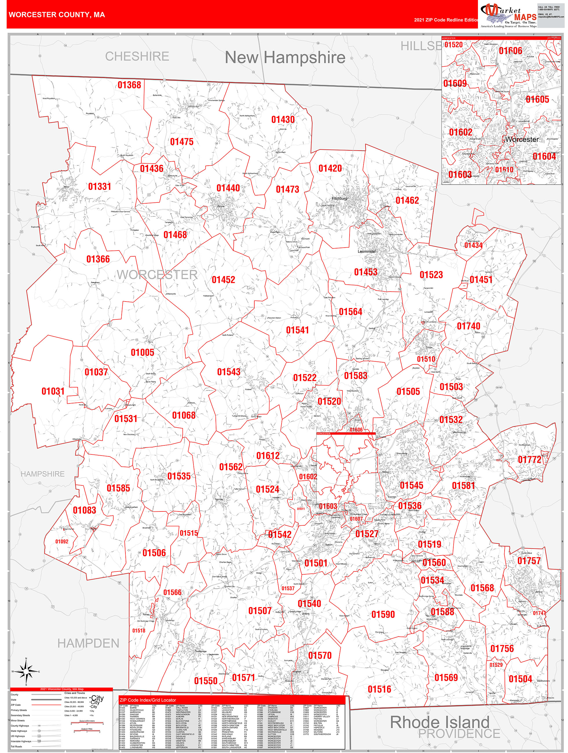 Worcester County Ma Zip Code Wall Map Red Line Style By Marketmaps My