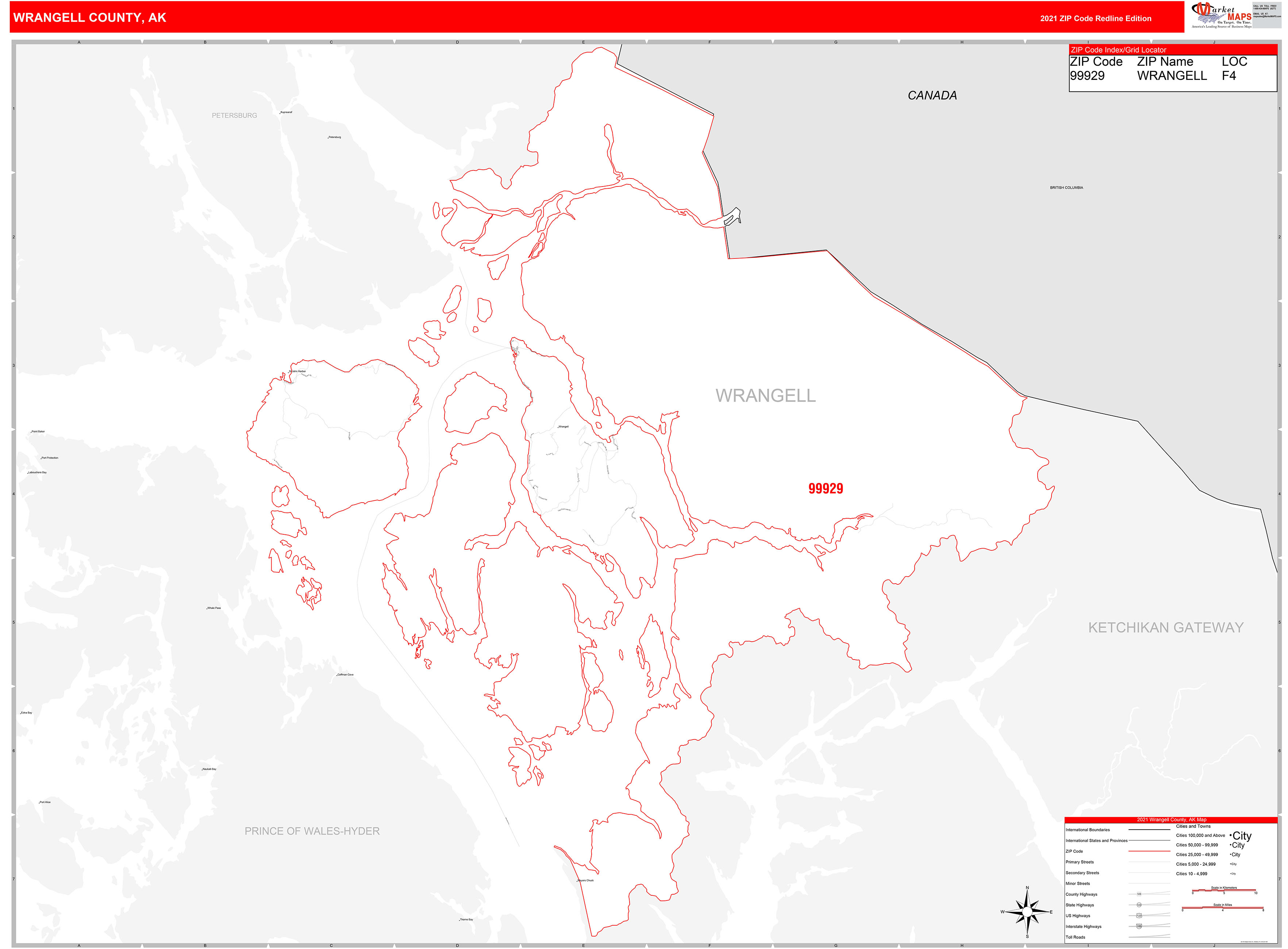 Wrangell County, AK Zip Code Wall Map Red Line Style by MarketMAPS