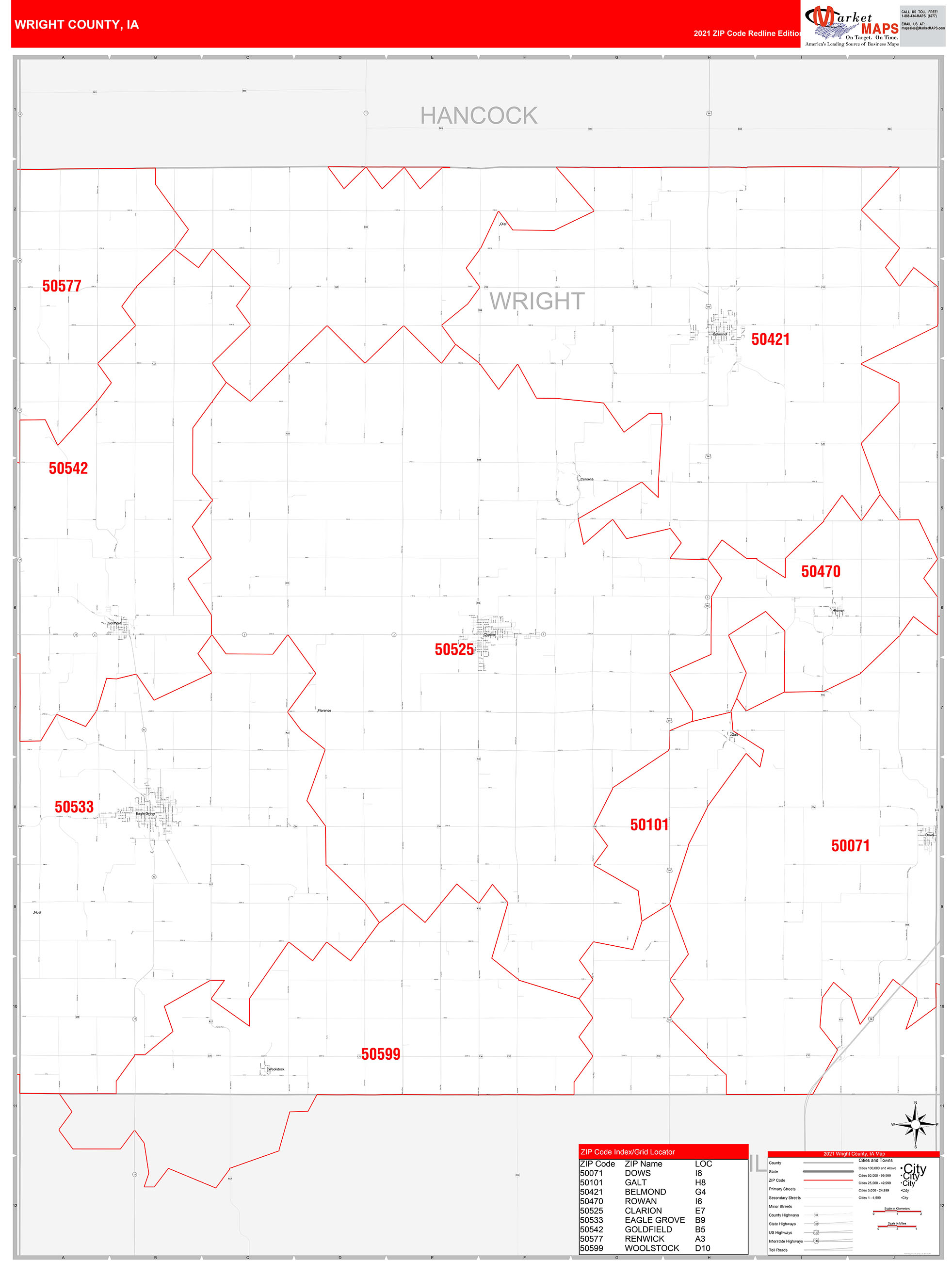 Wright County, IA Zip Code Wall Map Red Line Style by MarketMAPS