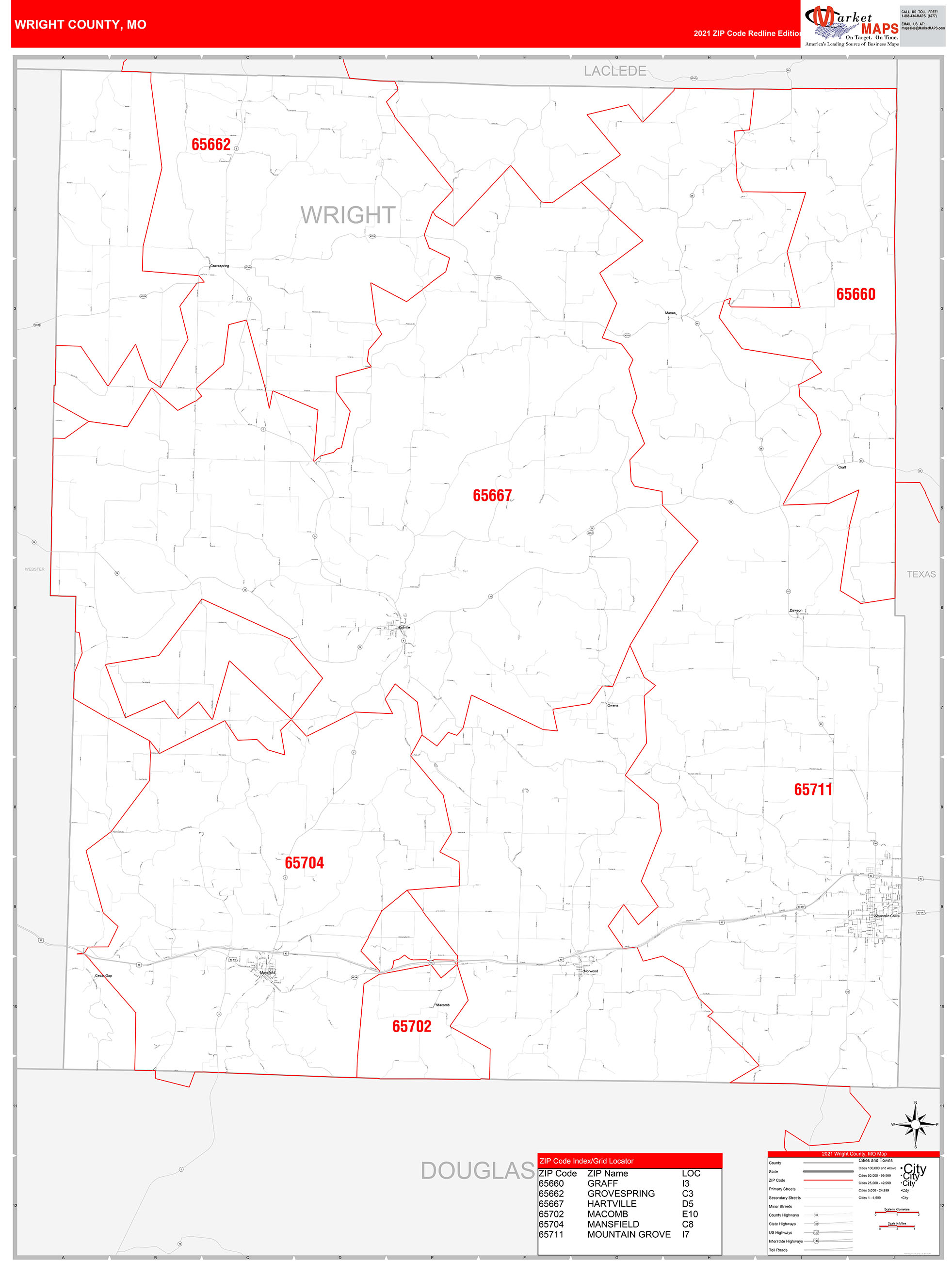 Wright County, MO Zip Code Wall Map Red Line Style by MarketMAPS