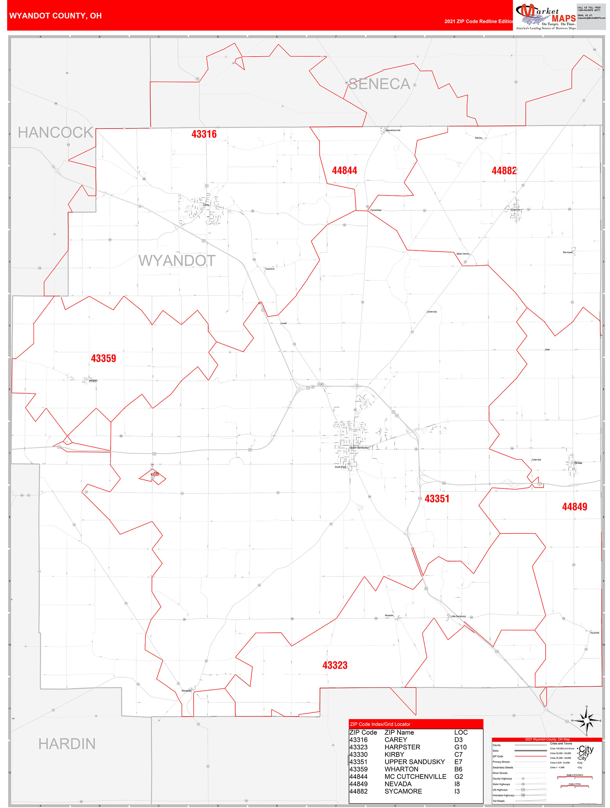 Wyandot County, OH Zip Code Wall Map Red Line Style by MarketMAPS