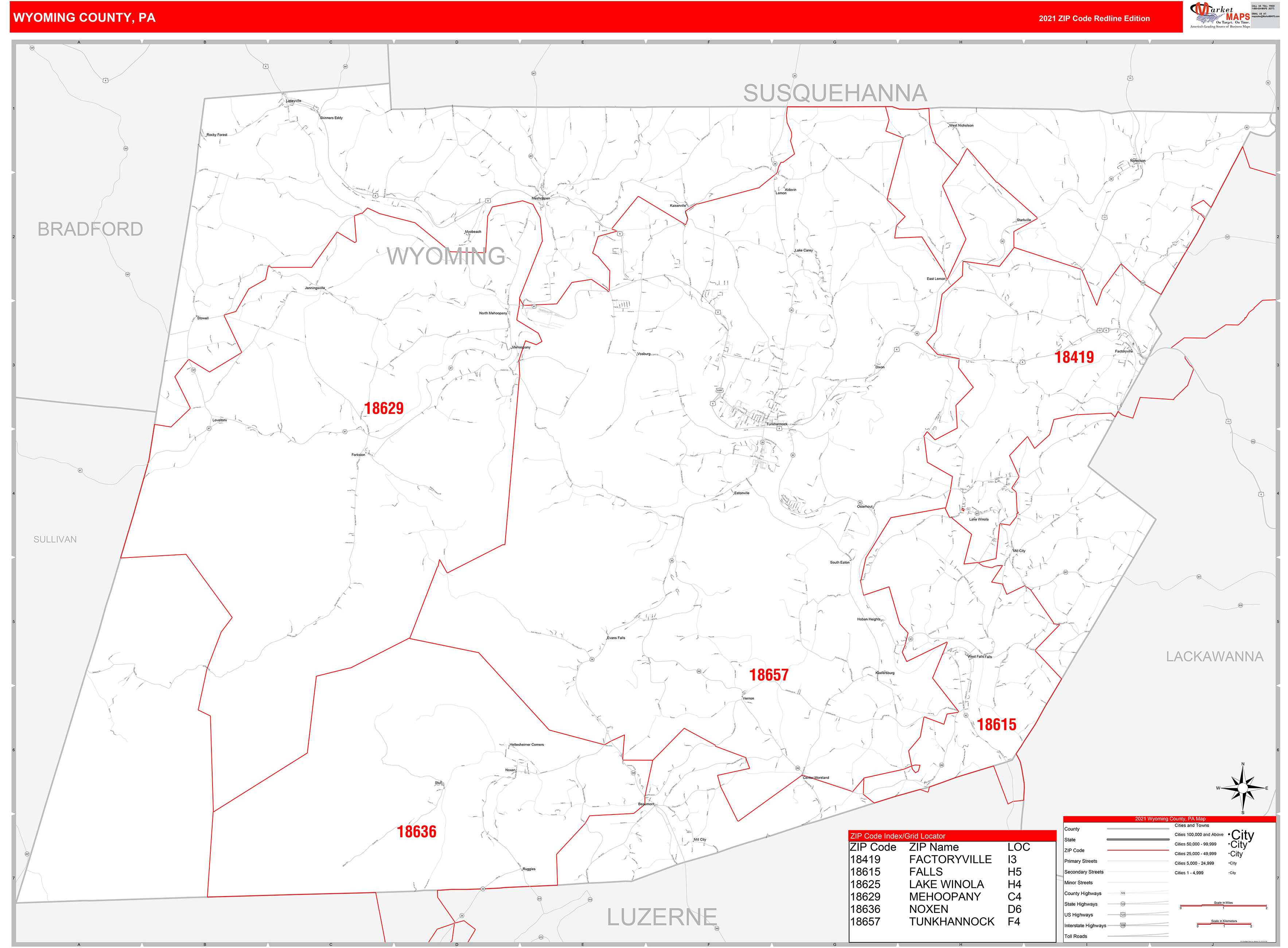 Wyoming County, PA Zip Code Wall Map Red Line Style by MarketMAPS