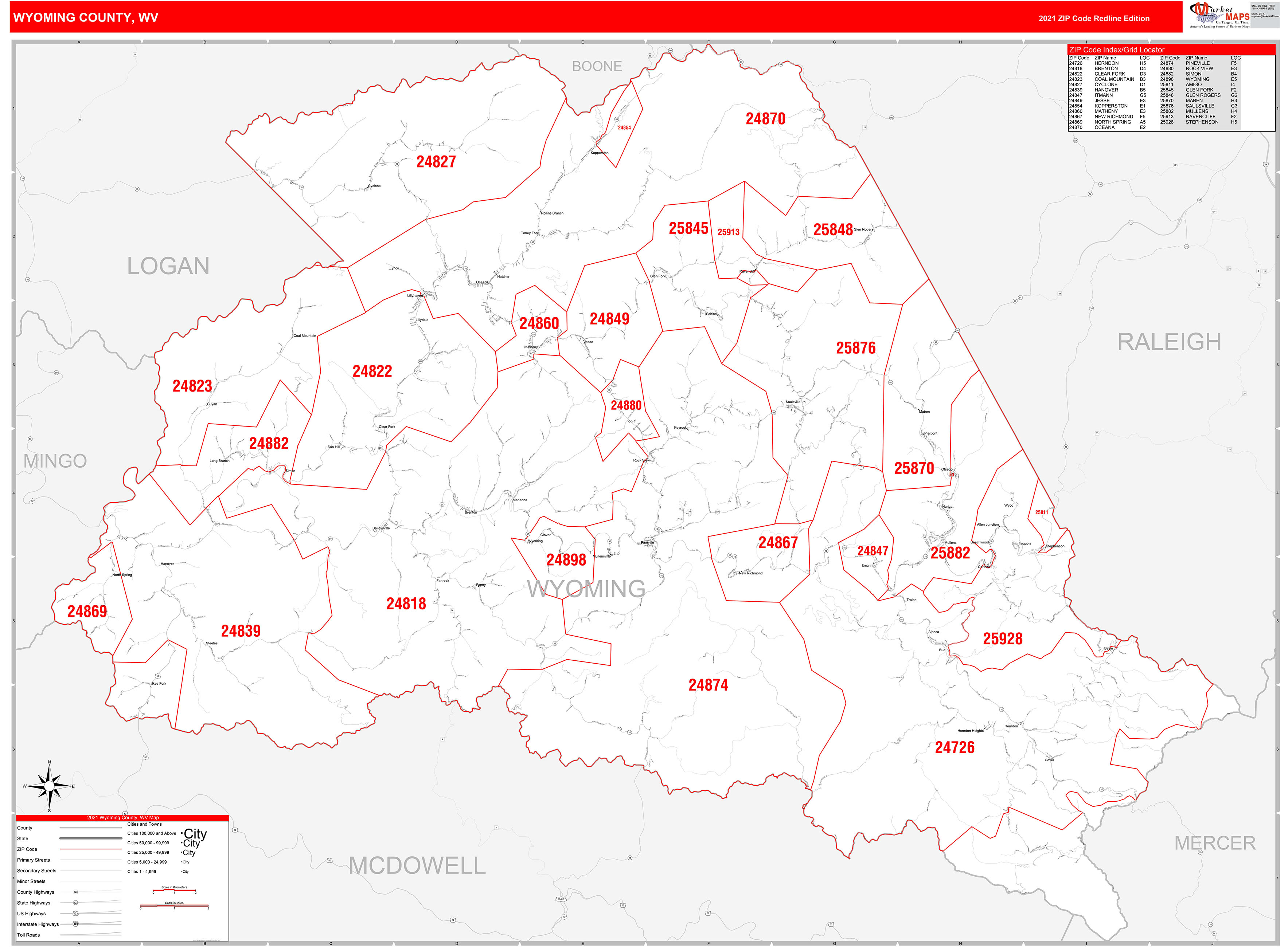 Wyoming County, WV Zip Code Wall Map Red Line Style by MarketMAPS