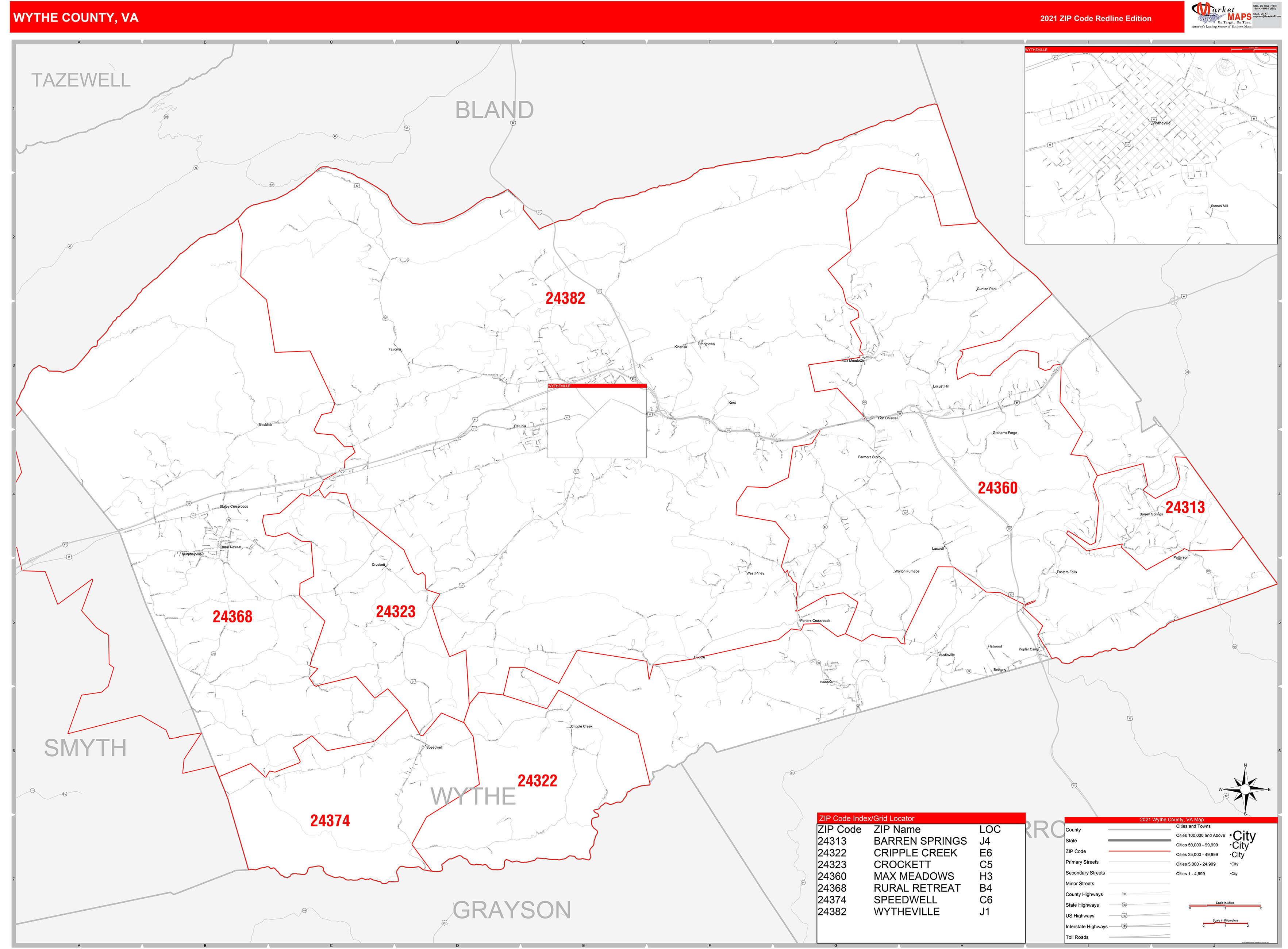 Wythe County, VA Zip Code Wall Map Red Line Style by MarketMAPS