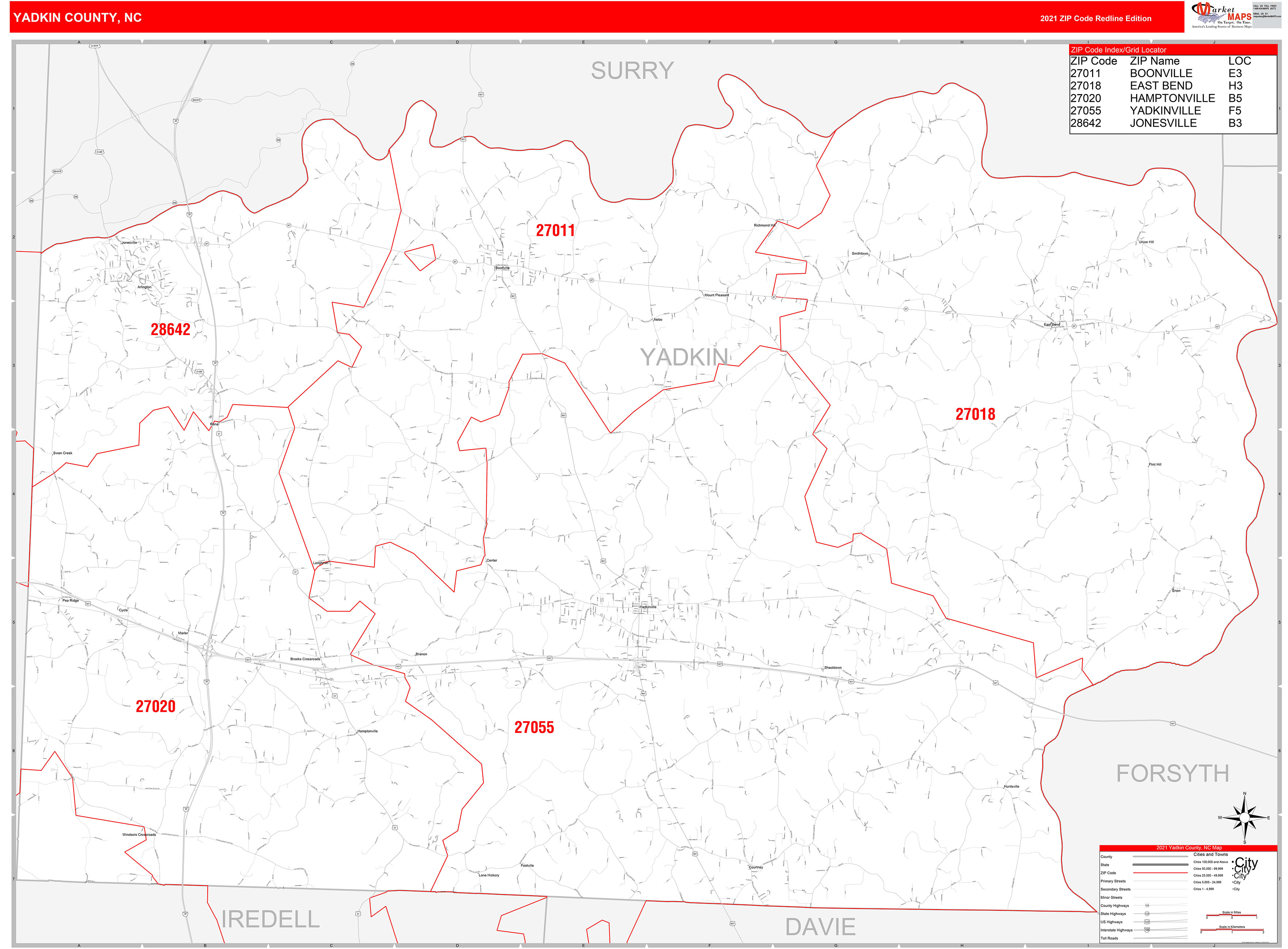 Yadkin County, NC Zip Code Wall Map Red Line Style by MarketMAPS