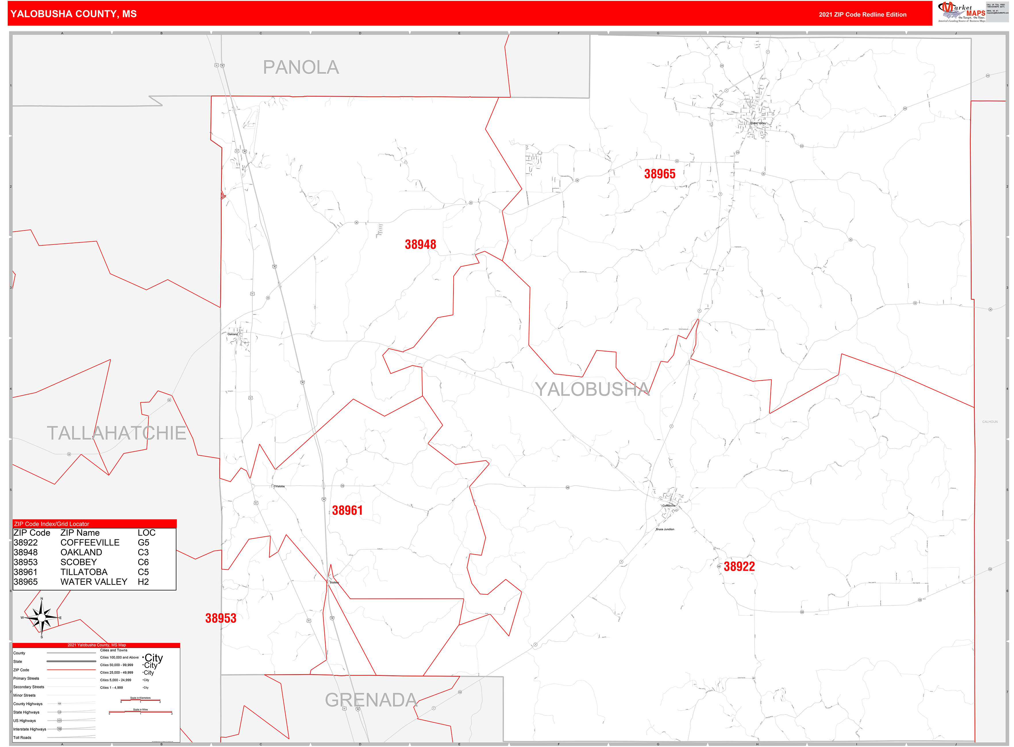 Yalobusha County, MS Zip Code Wall Map Red Line Style by MarketMAPS
