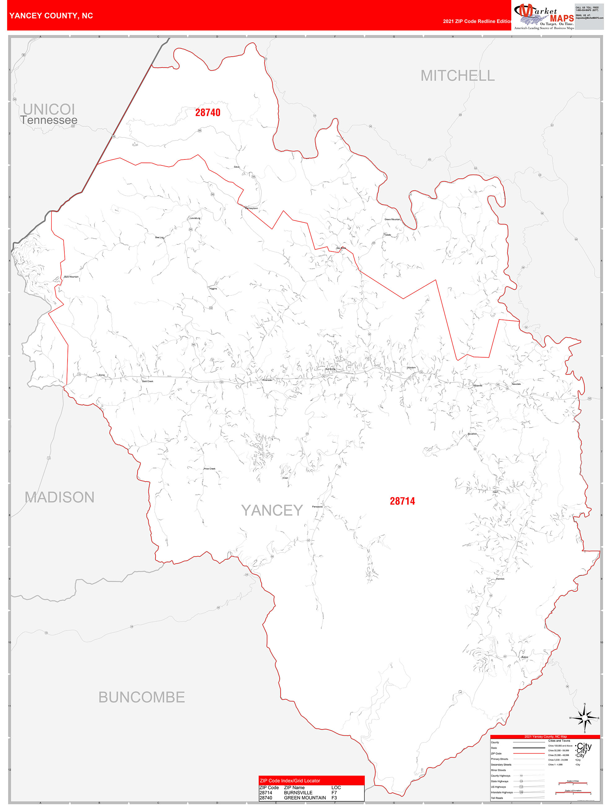 Yancey County, NC Zip Code Wall Map Red Line Style by MarketMAPS MapSales