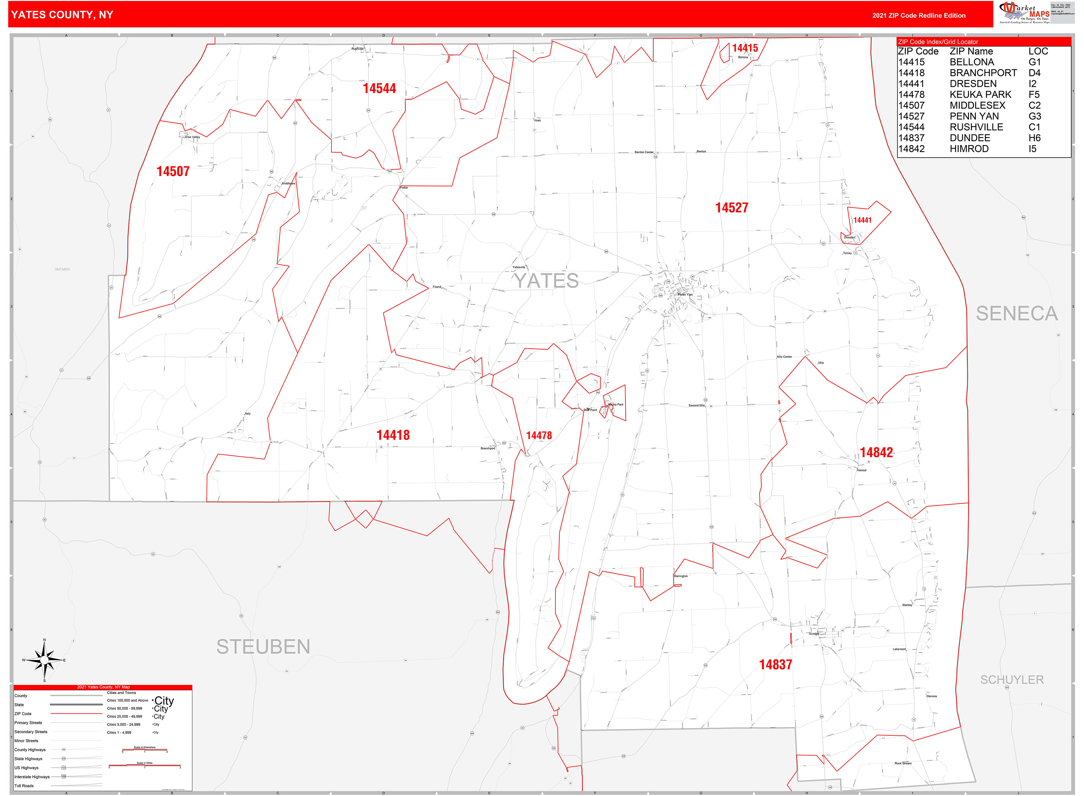 Yates County, NY Zip Code Wall Map Red Line Style by MarketMAPS MapSales