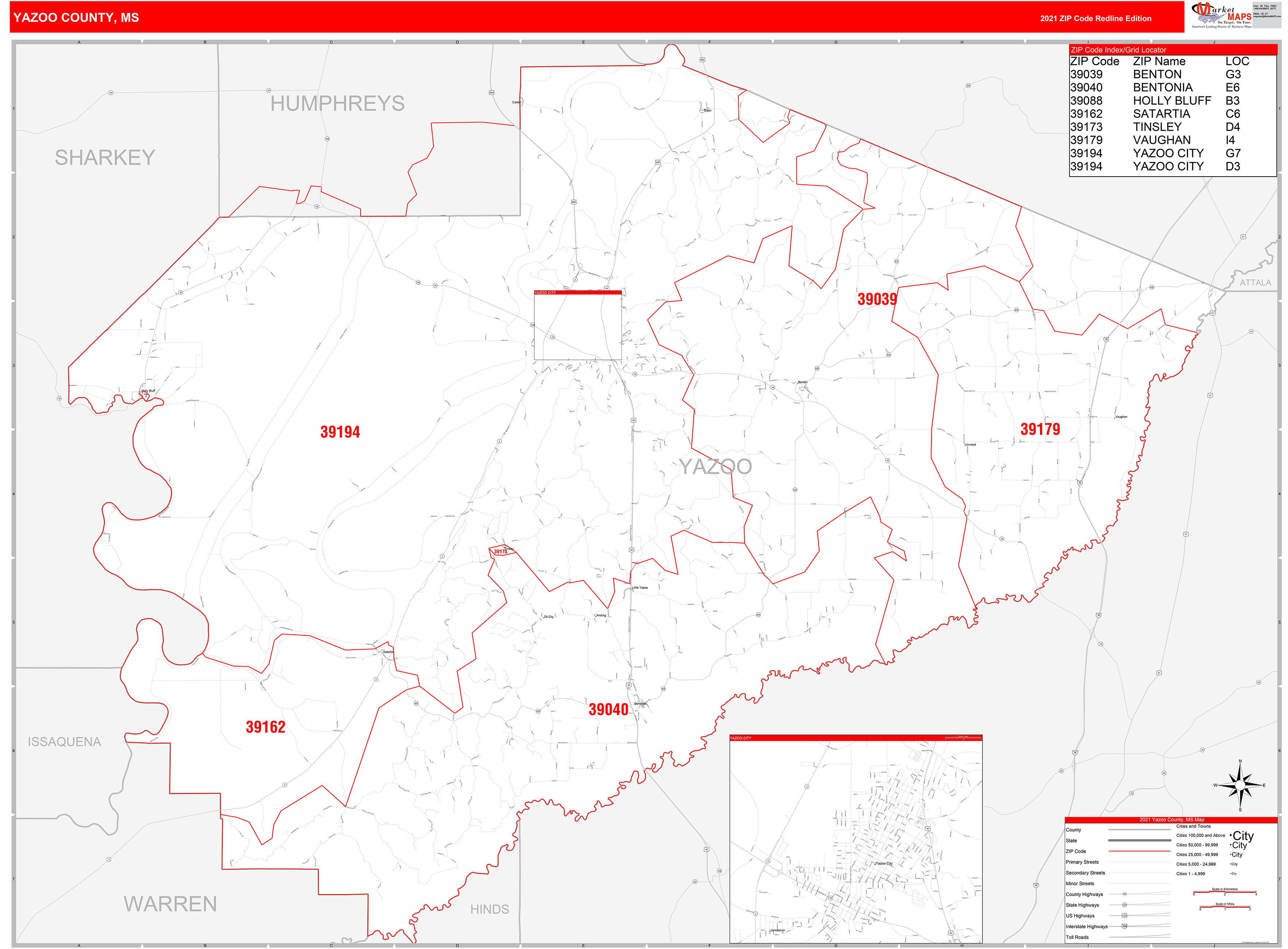 Yazoo County, MS Zip Code Wall Map Red Line Style by MarketMAPS MapSales