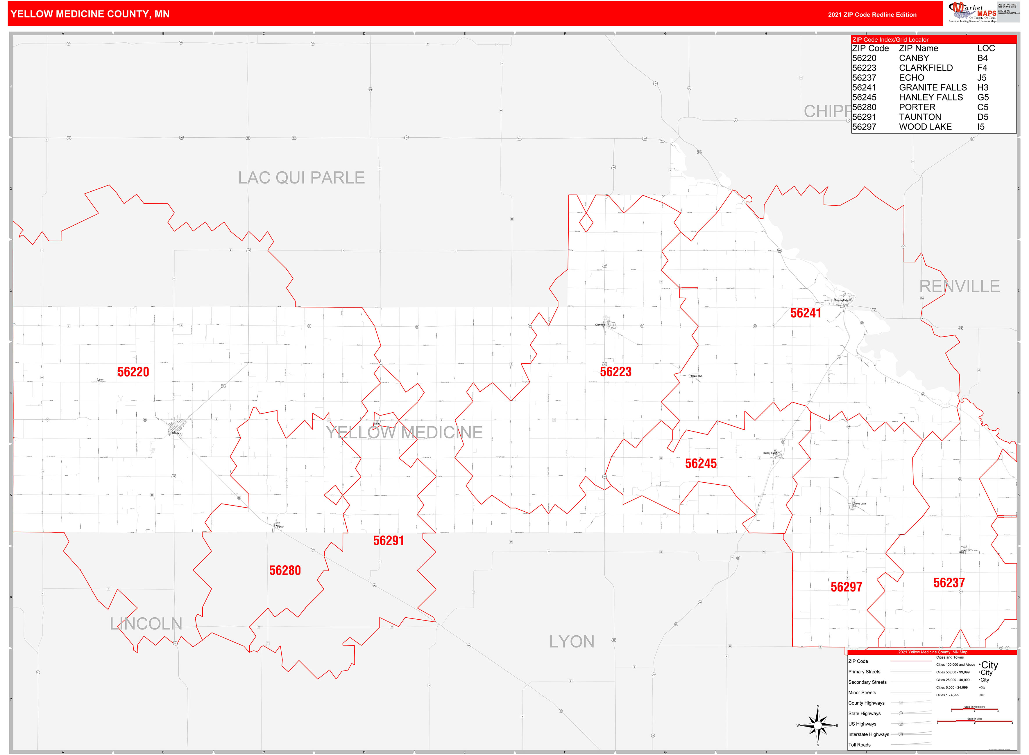 Yellow Medicine County, MN Zip Code Wall Map Red Line Style by MarketMAPS
