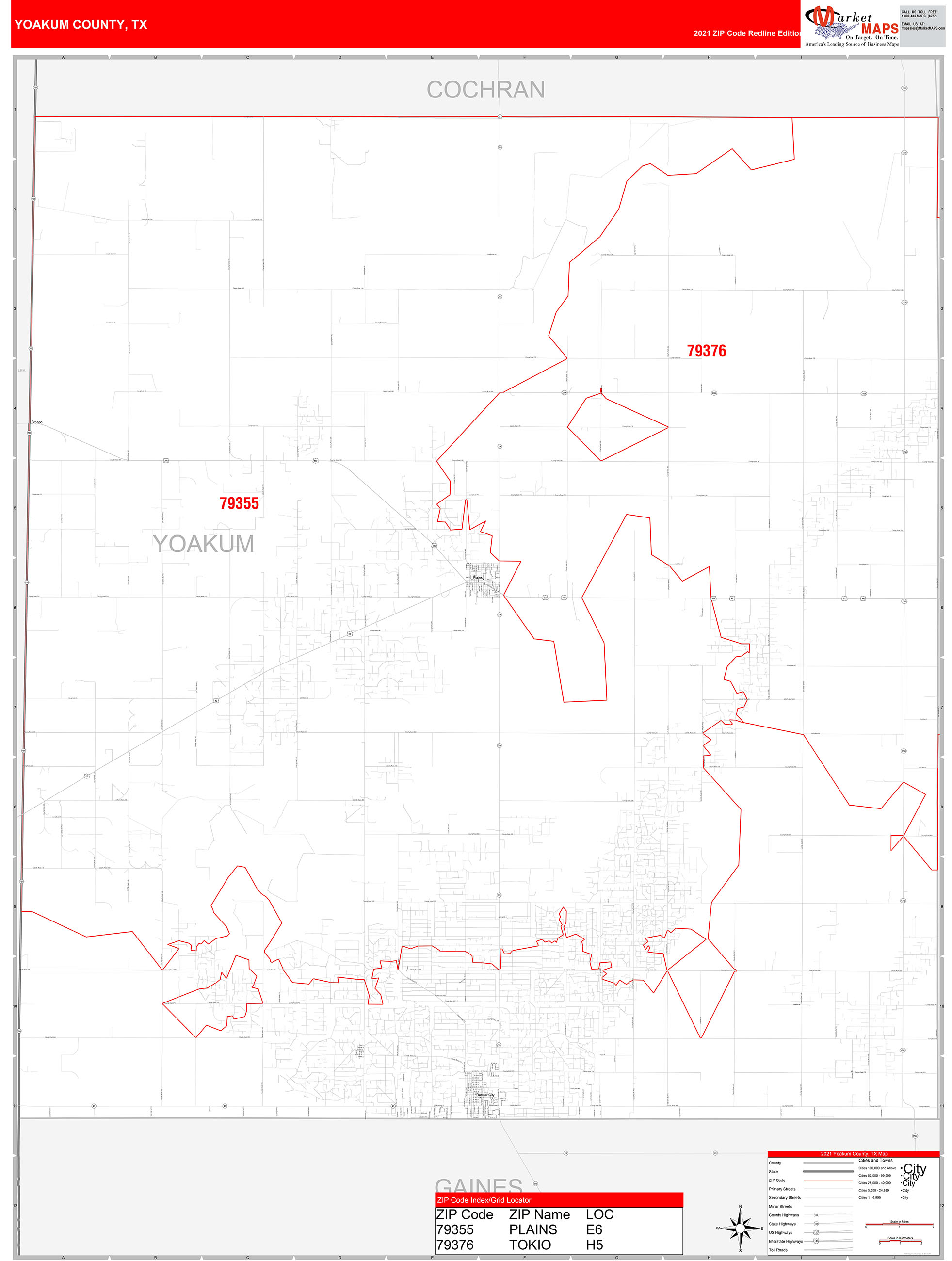 Yoakum County, TX Zip Code Wall Map Red Line Style by MarketMAPS