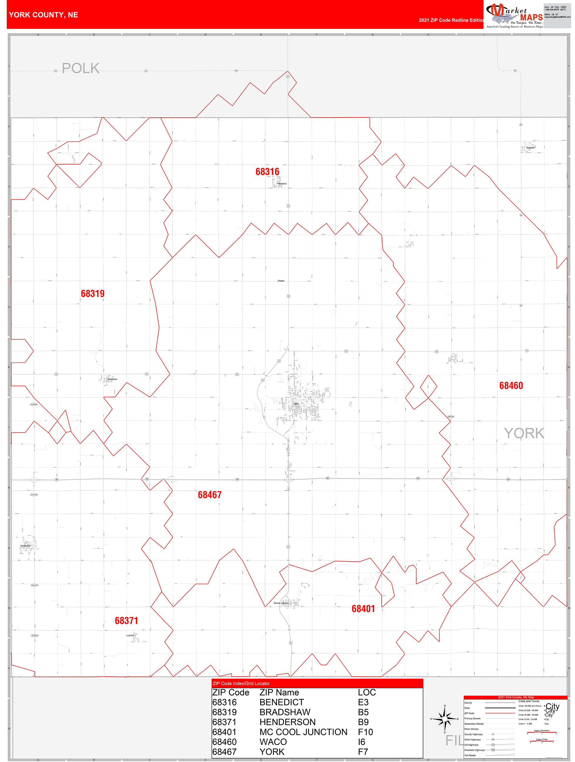 York County, NE Zip Code Wall Map Red Line Style by MarketMAPS