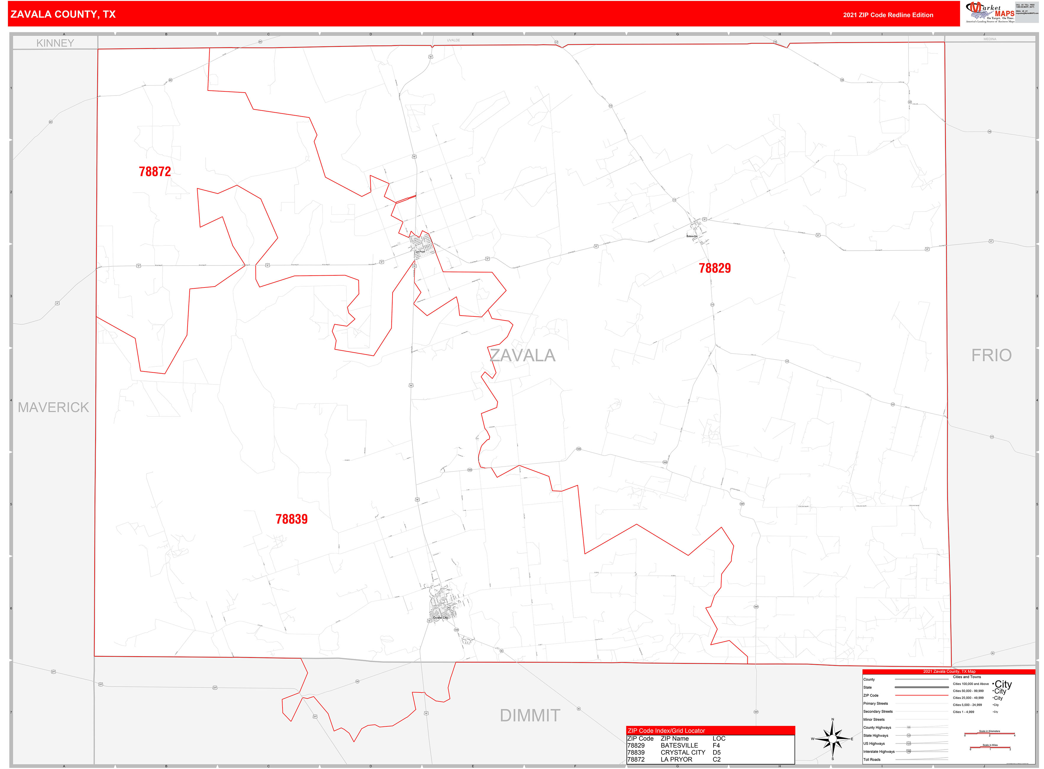 Zavala County, TX Zip Code Wall Map Red Line Style by MarketMAPS