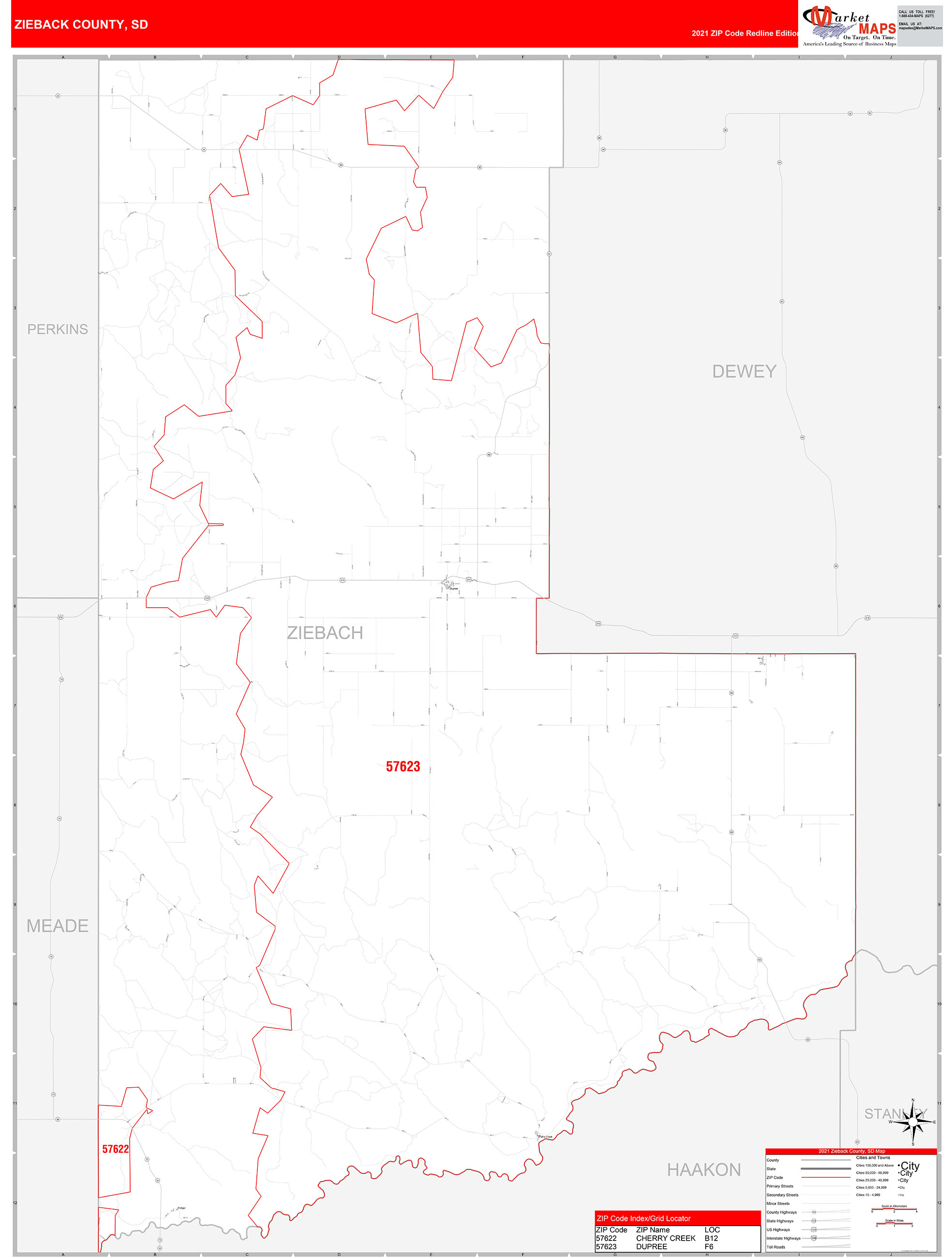 Ziebach County, SD Zip Code Wall Map Red Line Style by MarketMAPS