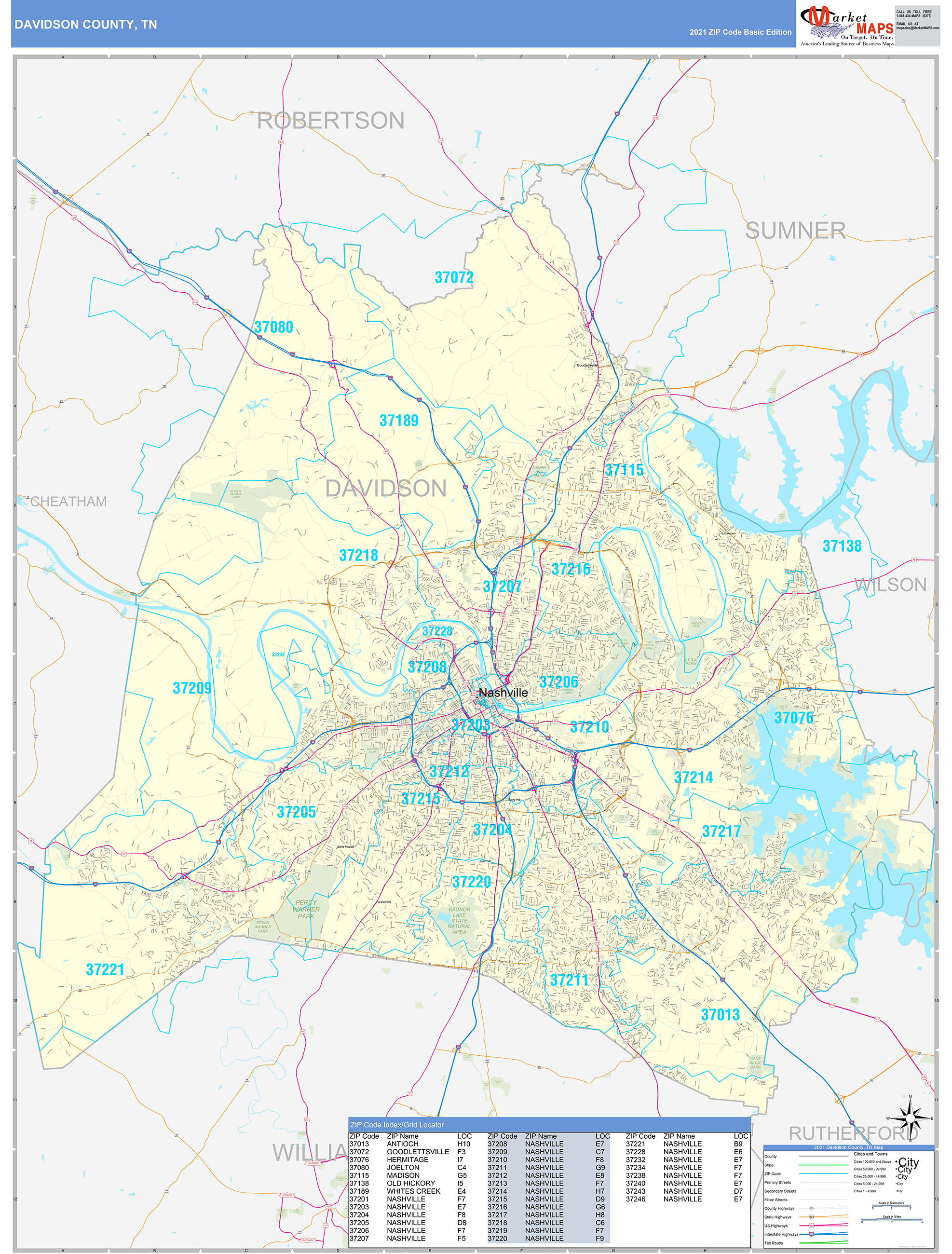 Davidson County Tn Zip Code Wall Map Basic Style By Marketmaps