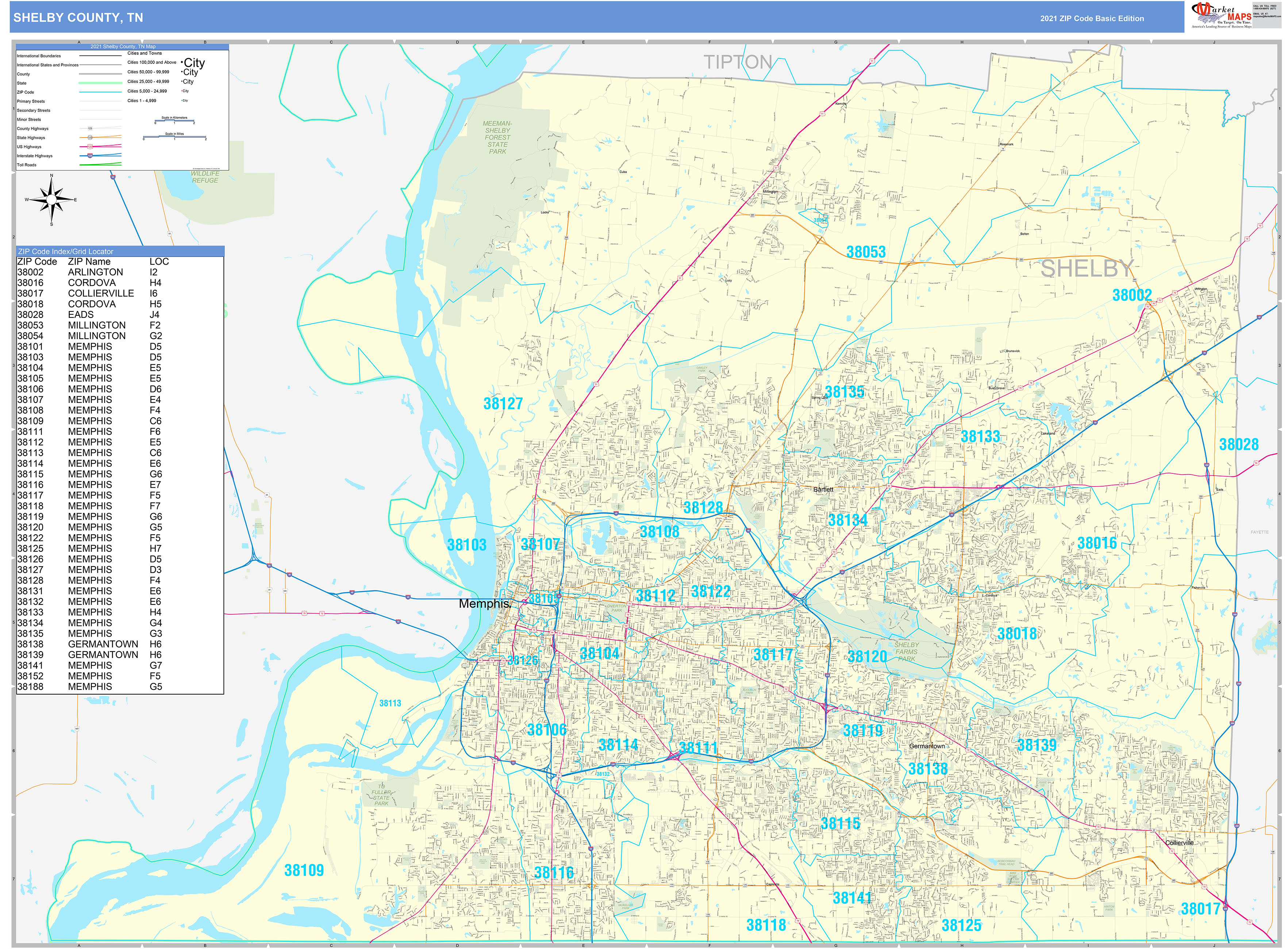 Shelby County Tn Zip Code Wall Map Basic Style By Marketmaps Mapsales