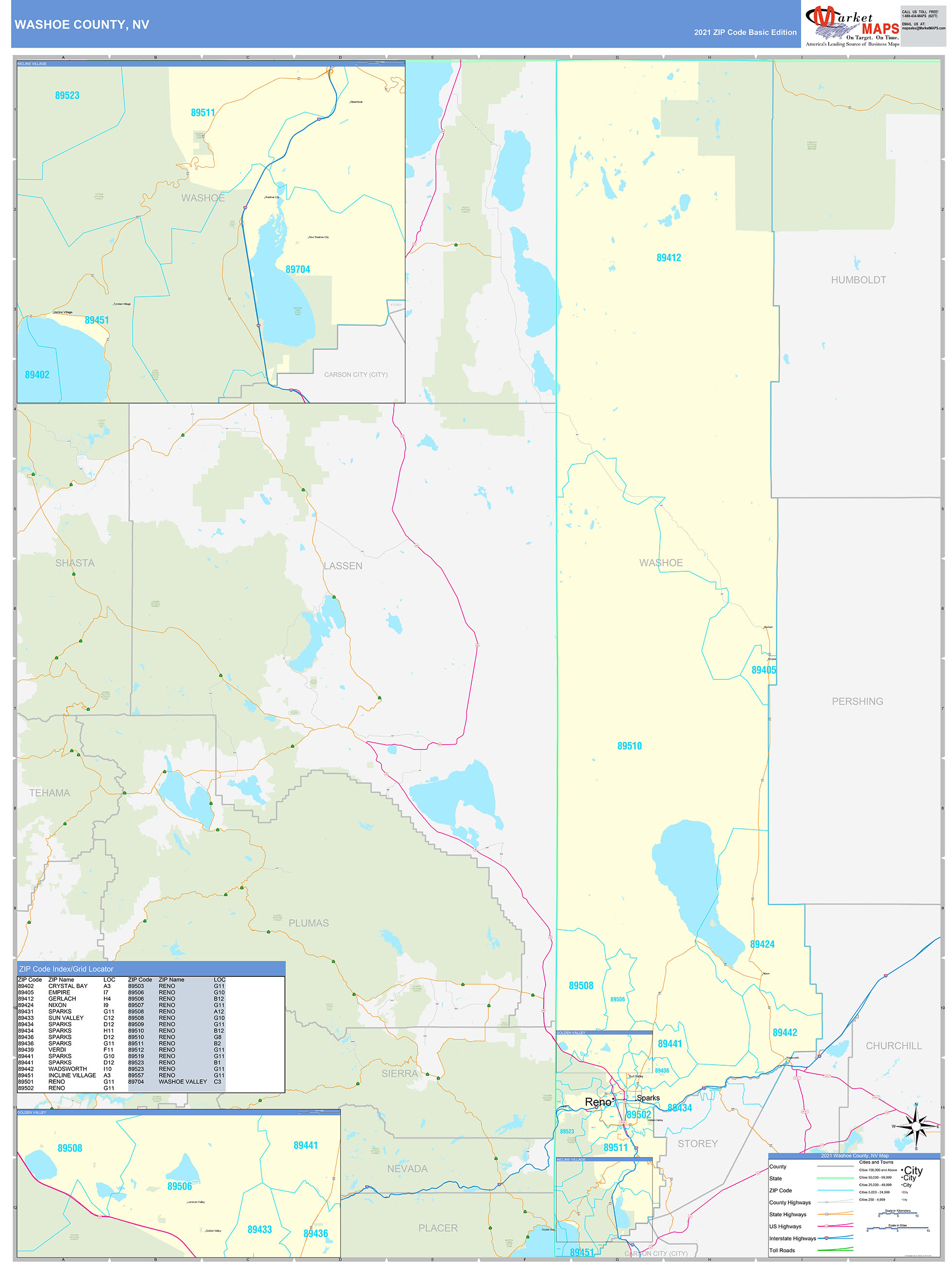 Washoe County, NV Zip Code Wall Map Basic Style by MarketMAPS MapSales