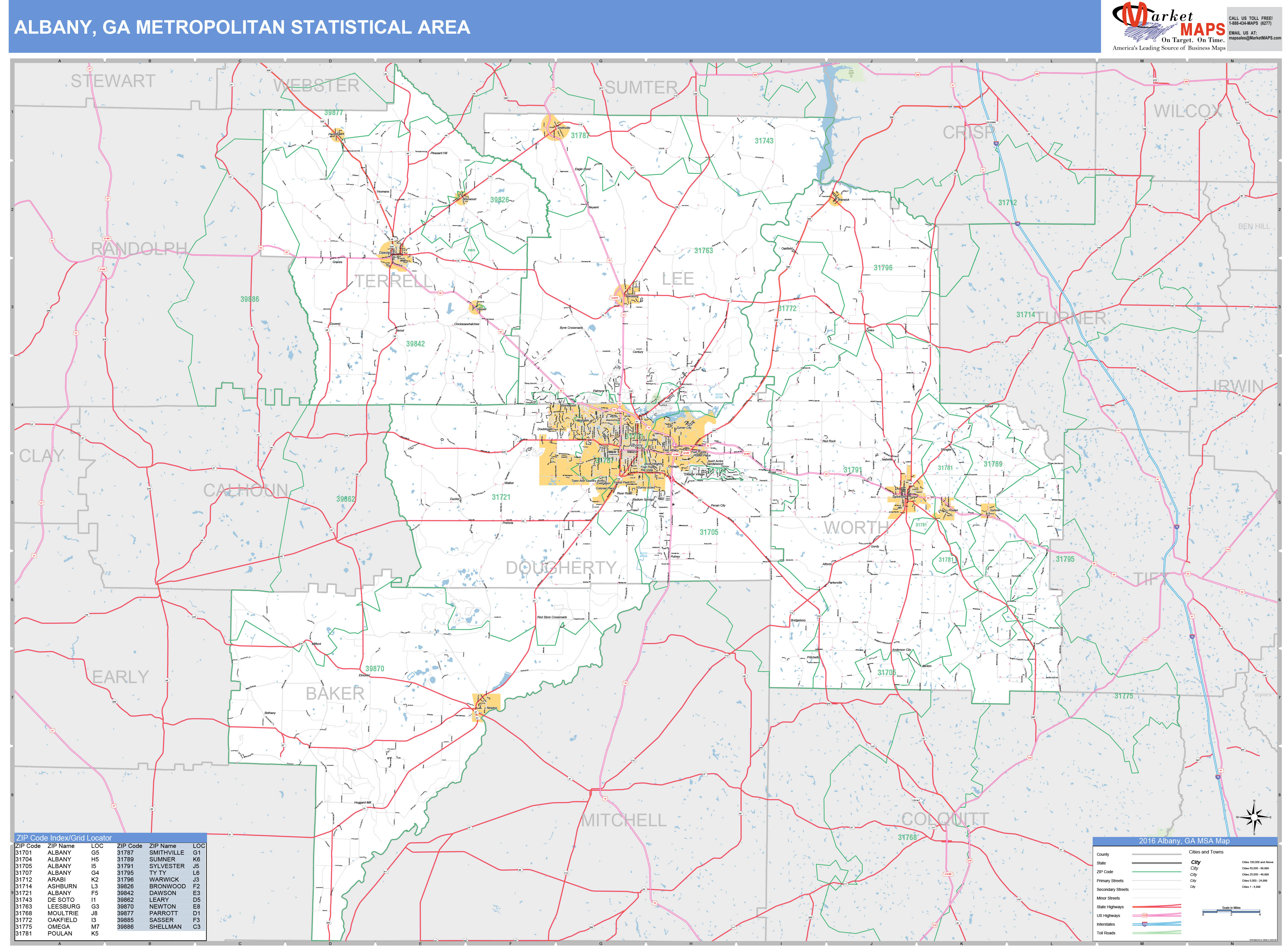 Albany, GA Metro Area Wall Map Basic Style by MarketMAPS